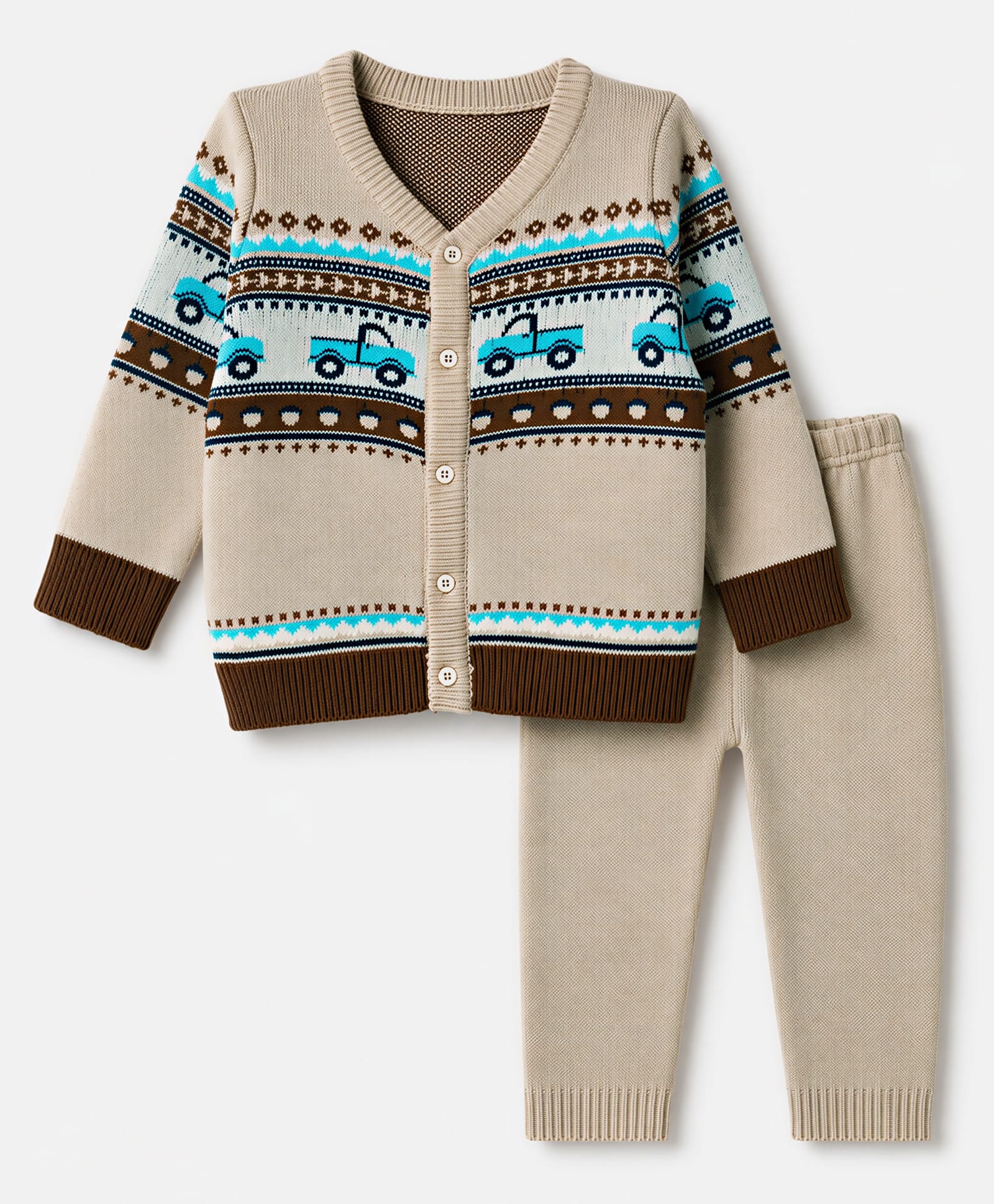 Babyhug Knit Full Sleeves Sweater Set With Vehicles Design - Cream-image-28