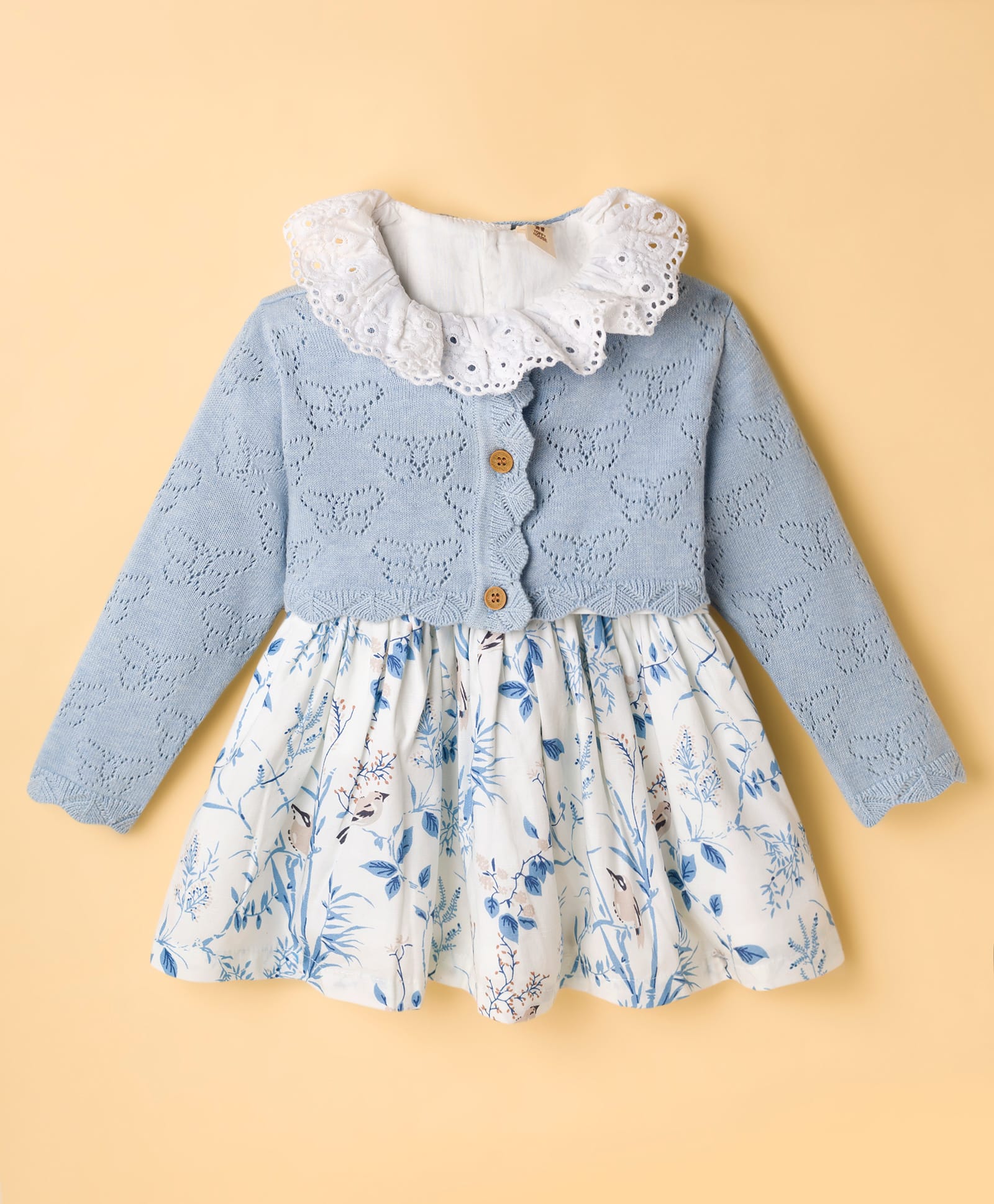 ToffyHouse Cotton Woven Full Sleeves Birds Printed Frock With Shrug - Blue-picture-47