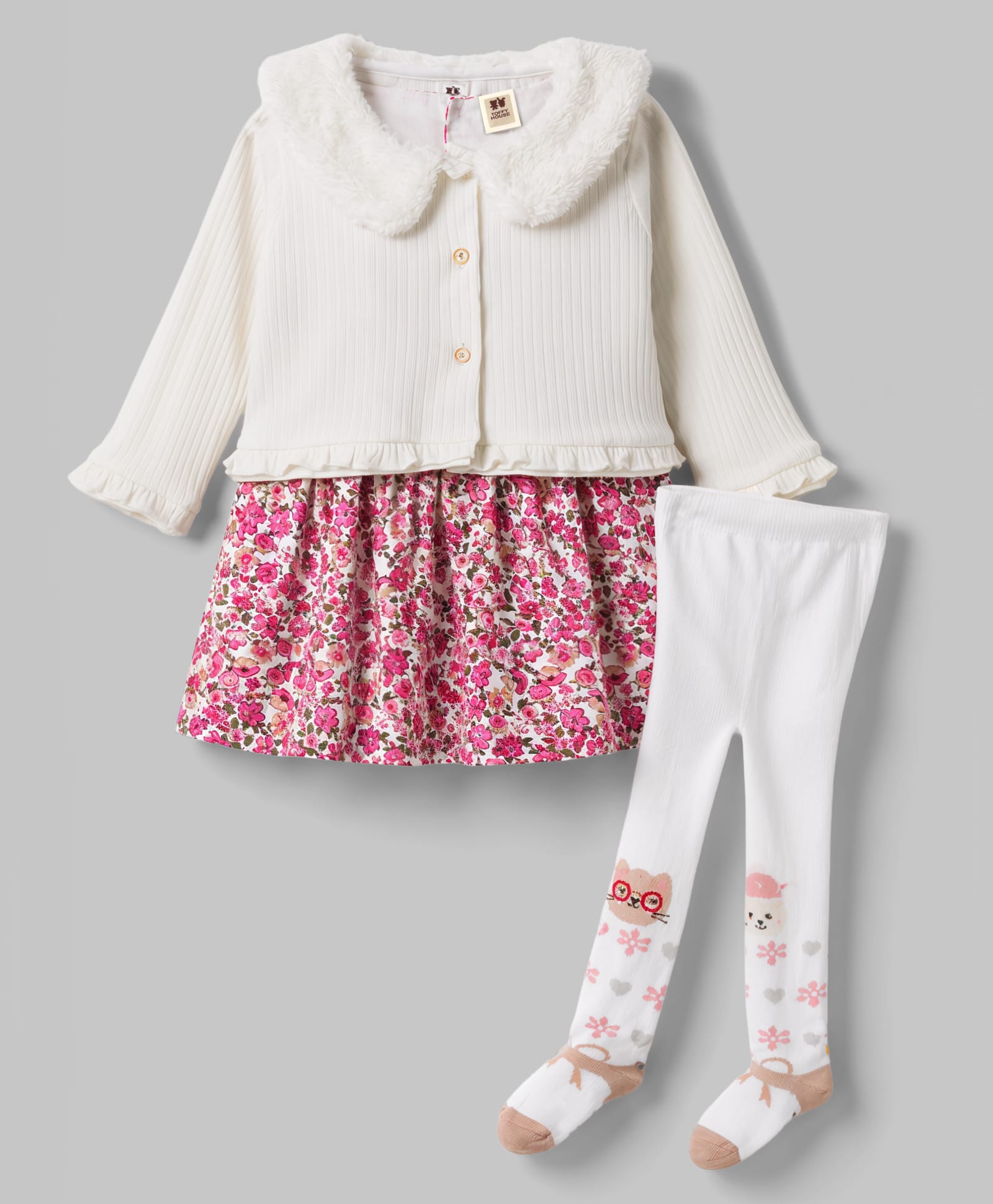 ToffyHouse Cotton Woven Full Sleeves Floral Printed Frock With Shrug & Leggings - Multicolor-image-13