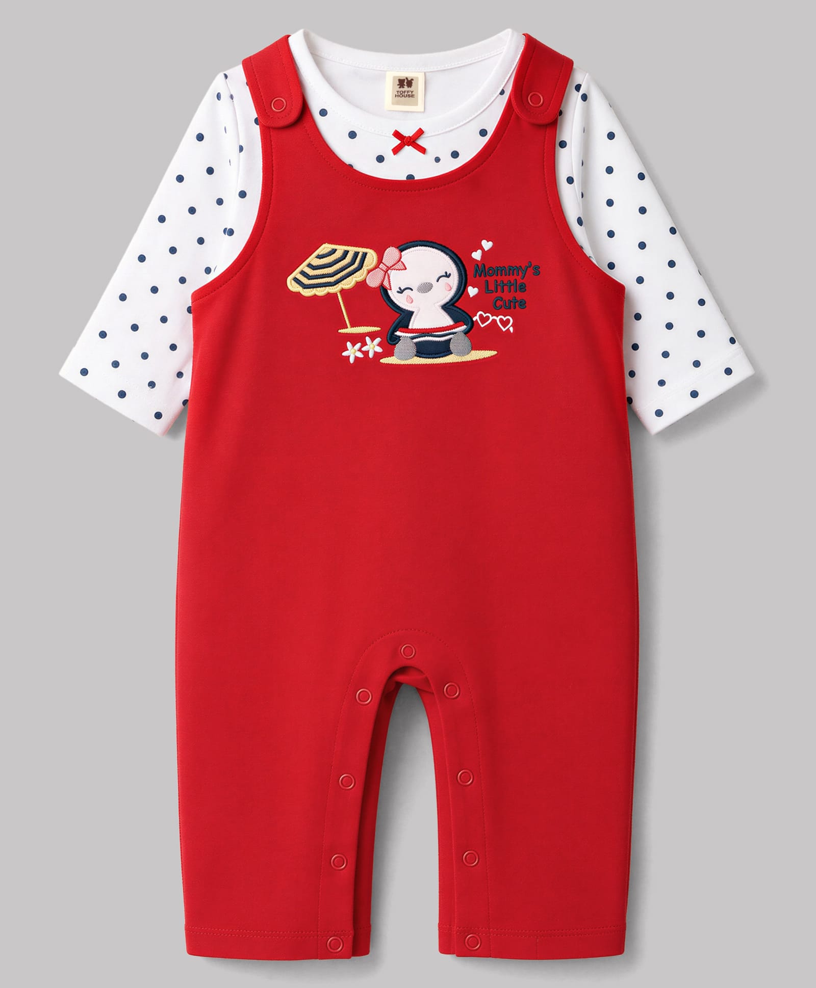 ToffyHouse Knitted Full Sleeves Polka Dots Printed & Penguin Embroidered Dungaree Set - Red-picture-31