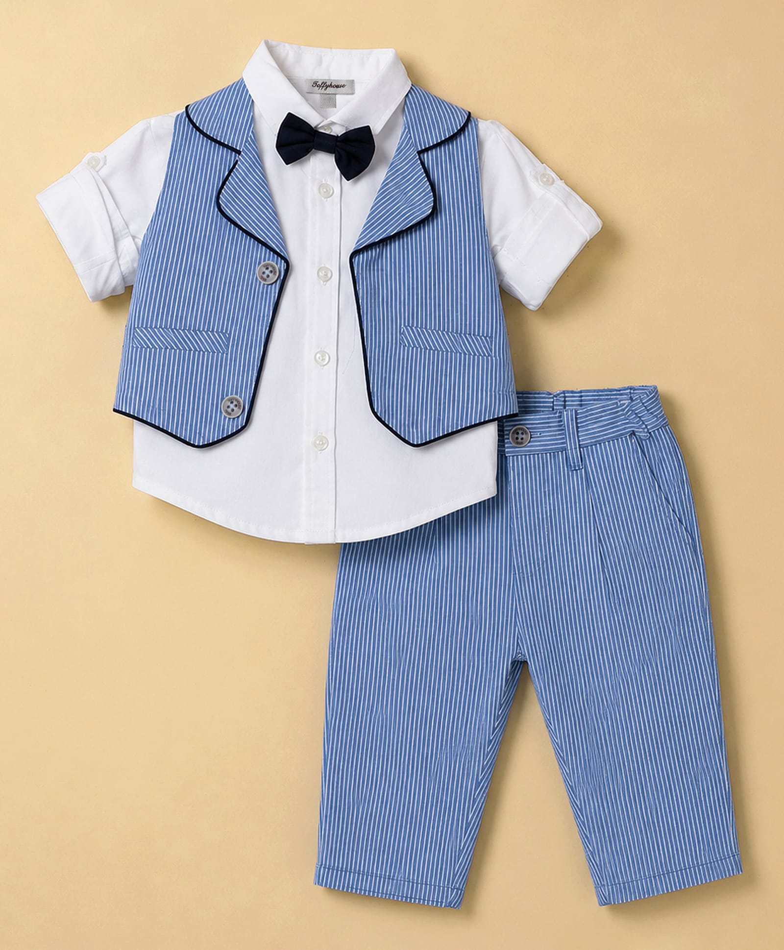 ToffyHouse Cotton Knit Full Sleeves 3 Piece Party Suit with Bow - Blue-picture-34