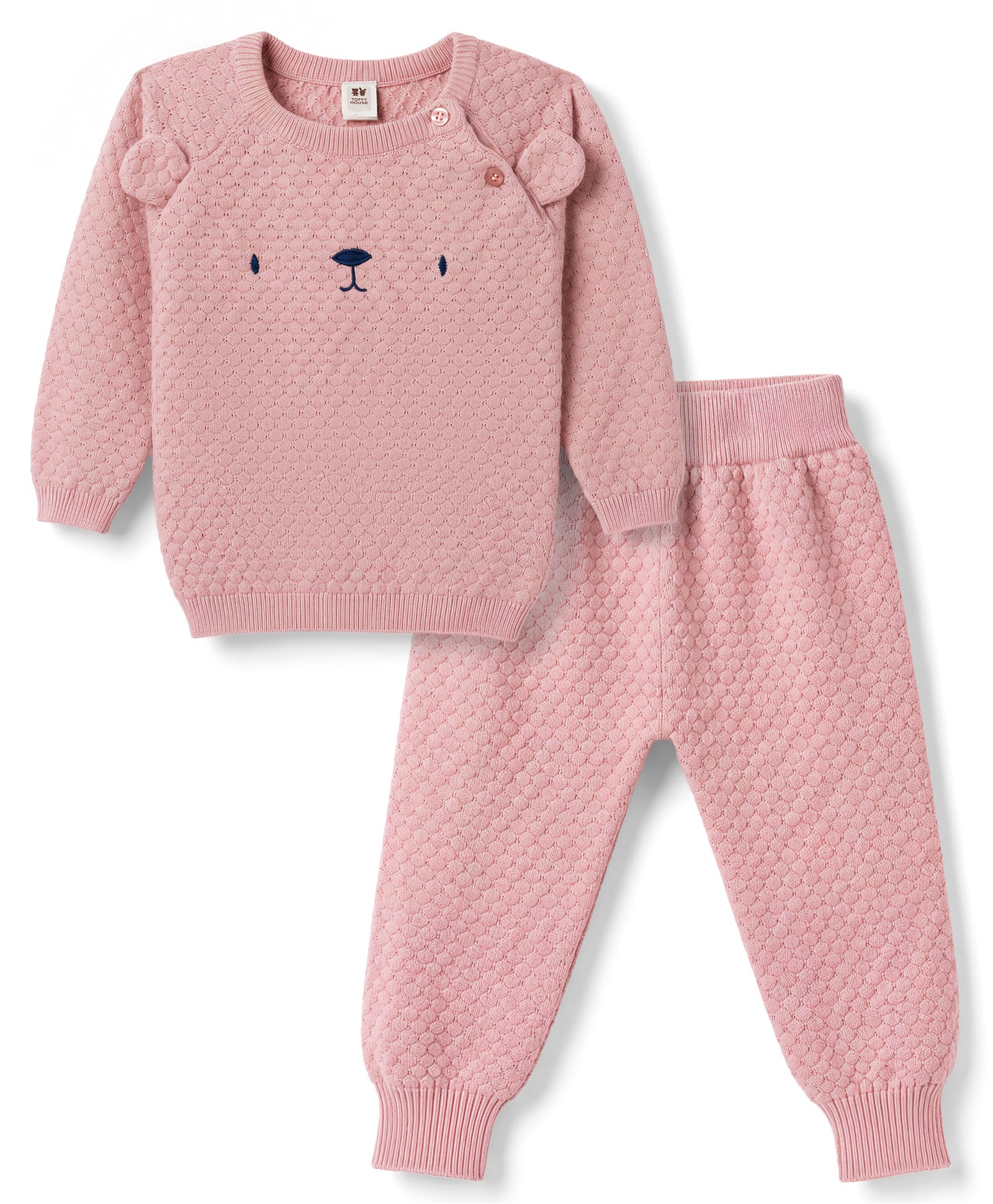 ToffyHouse Knitted Full Sleeves Animal Face Embroidered Sweater & Pant Set - Pink-picture-26