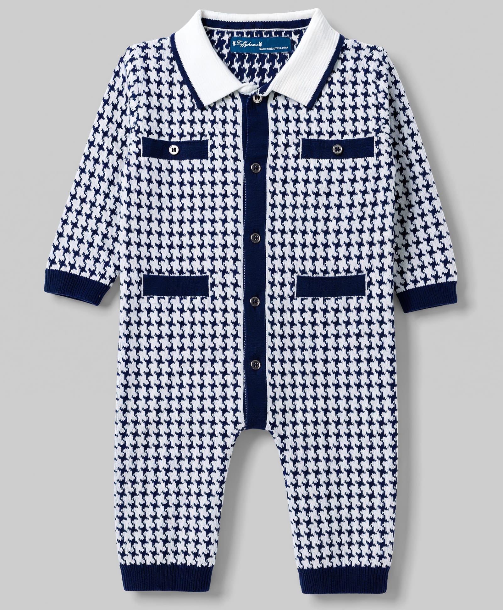 ToffyHouse Knitted Full Sleeves Checked Romper - Black-picture-22