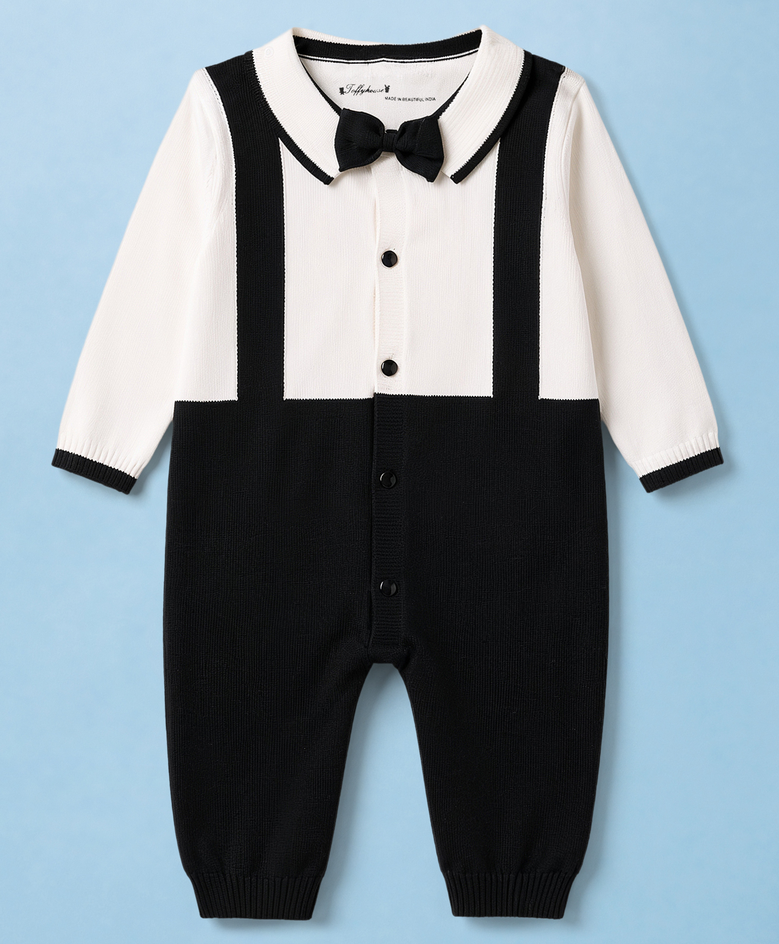 ToffyHouse Knitted Full Sleeves Solid Party Romper With Bow Applique - Black-picture-18