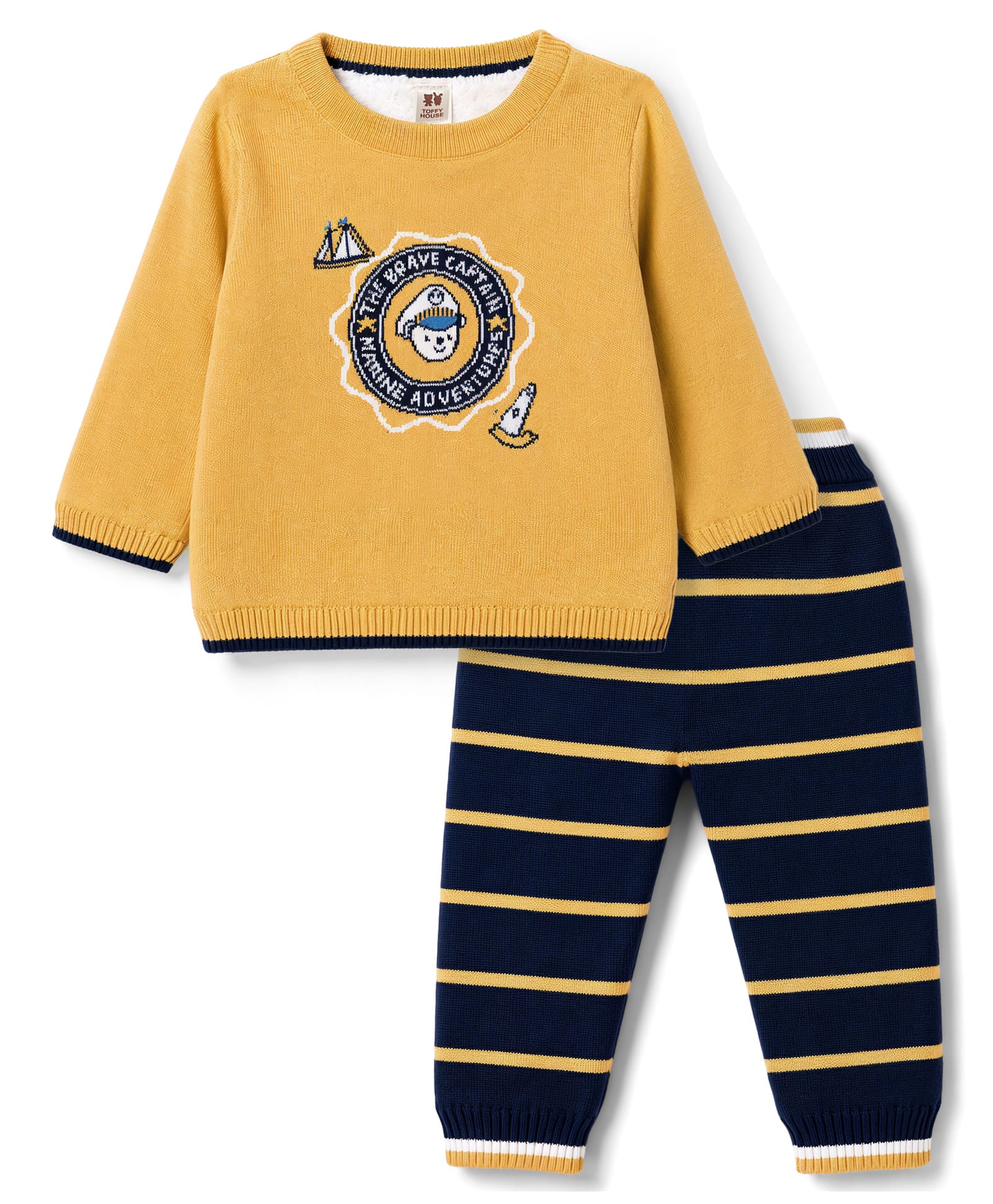 ToffyHouse Knitted Full Sleeves Nautical Theme Embroidered & Striped Sweater & Pant Set - Golden-picture-7