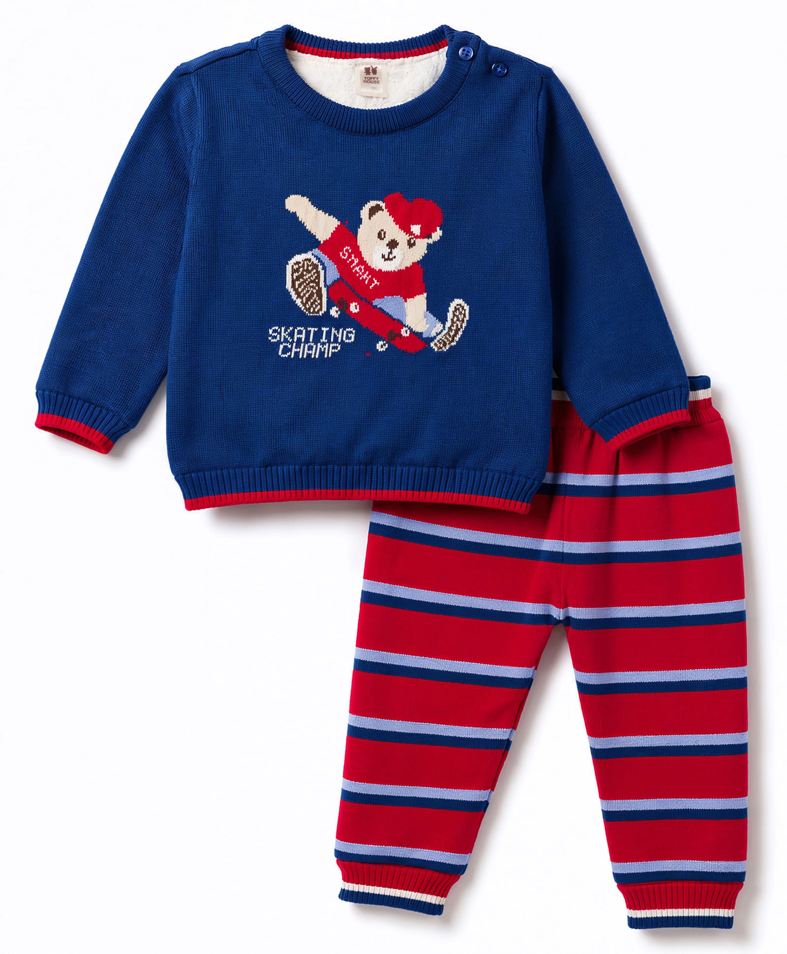 ToffyHouse Knitted Full Sleeves Bear Embroidered & Striped Sweater & Pant Set - Navy Blue-image-18