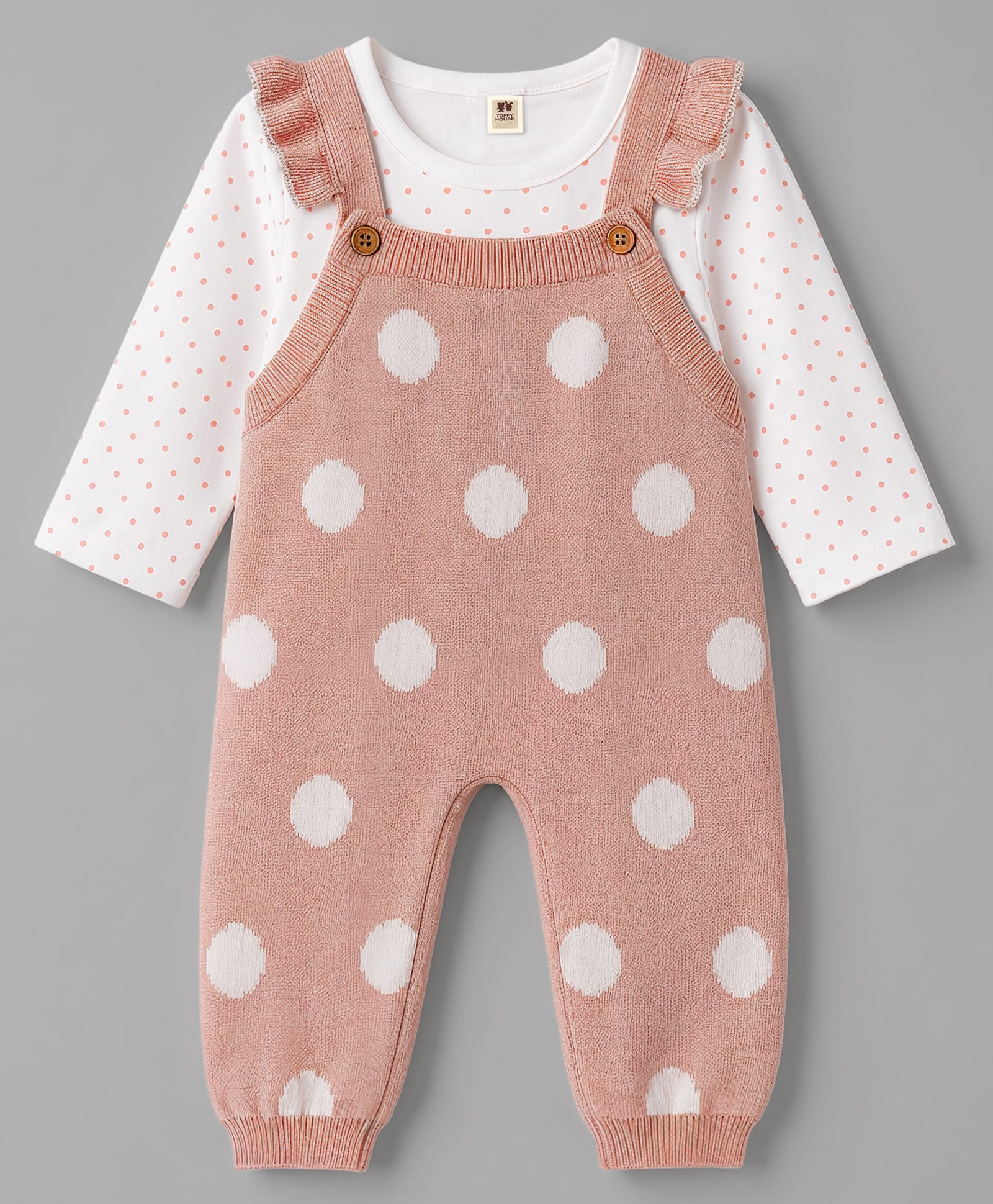 ToffyHouse Knitted Full Sleeves Polka Dots Printed Dungaree With Inner Tee - Peach-picture-20