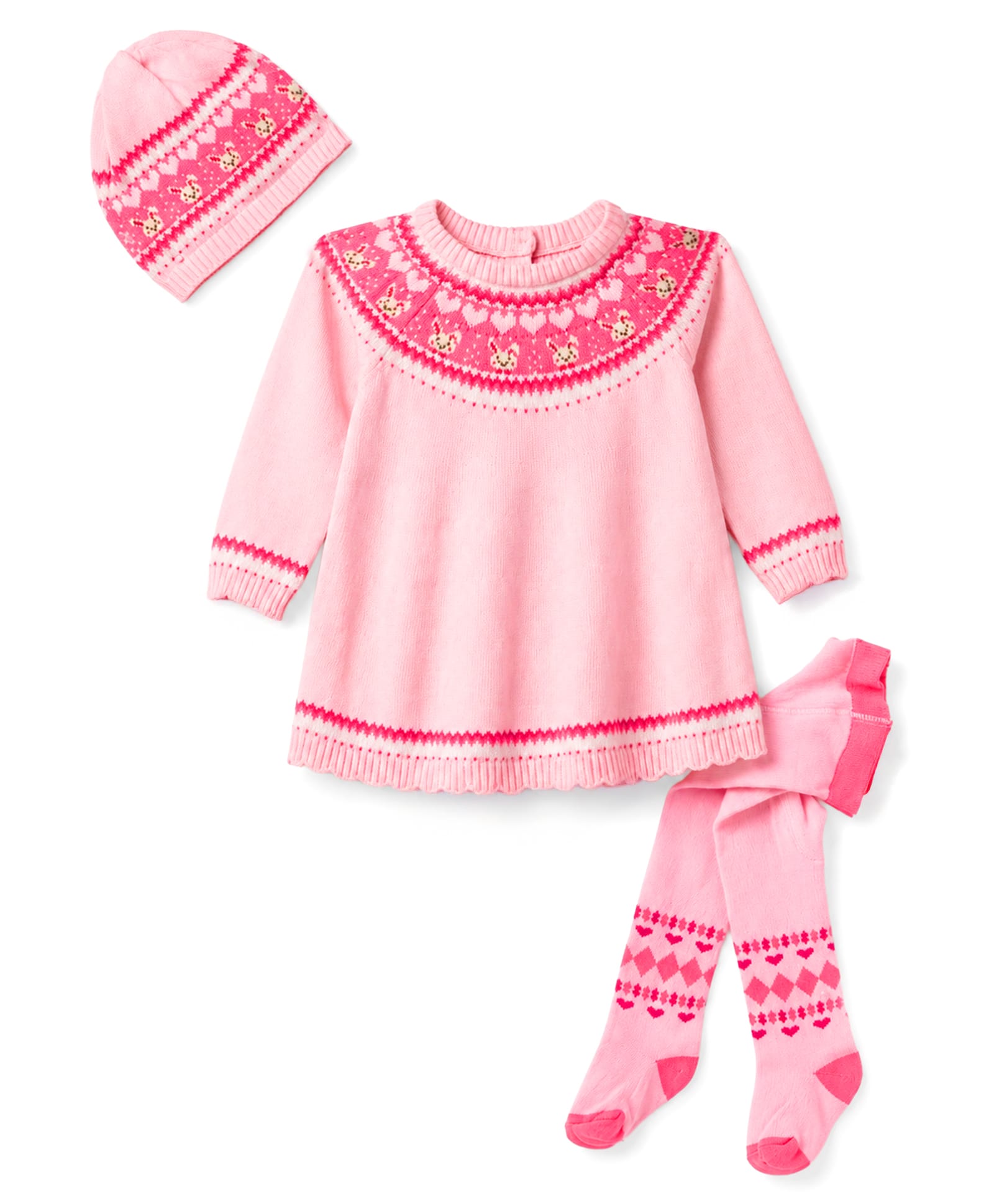 ToffyHouse Fleece Woven Full Sleeves Winter Frock With Leggings & Cap With Bunny Design - Pink-image-37
