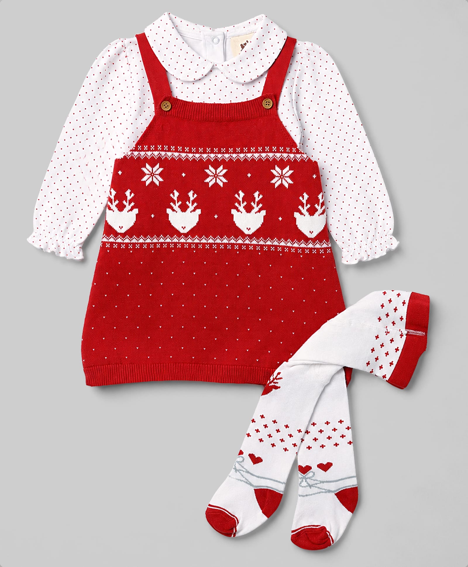 ToffyHouse Fleece Woven Full Sleeves Polka Dots Printed Winter Frock with Inner Tee & Leggings - Red-image-18