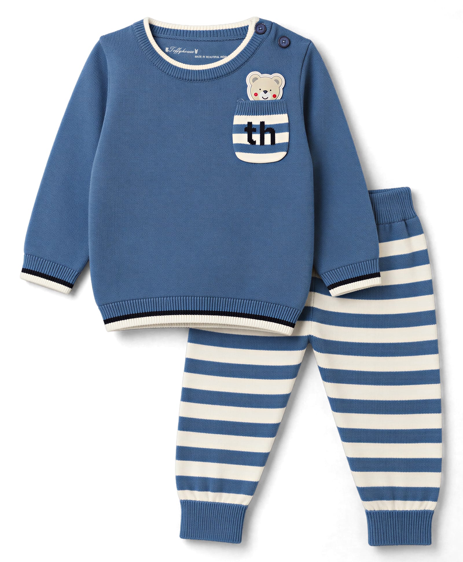 ToffyHouse Cotton Woven Full Sleeves Sweatshirt & Striped Pant Winter Wear Suit With Bear Detailing - Navy Blue-image-48