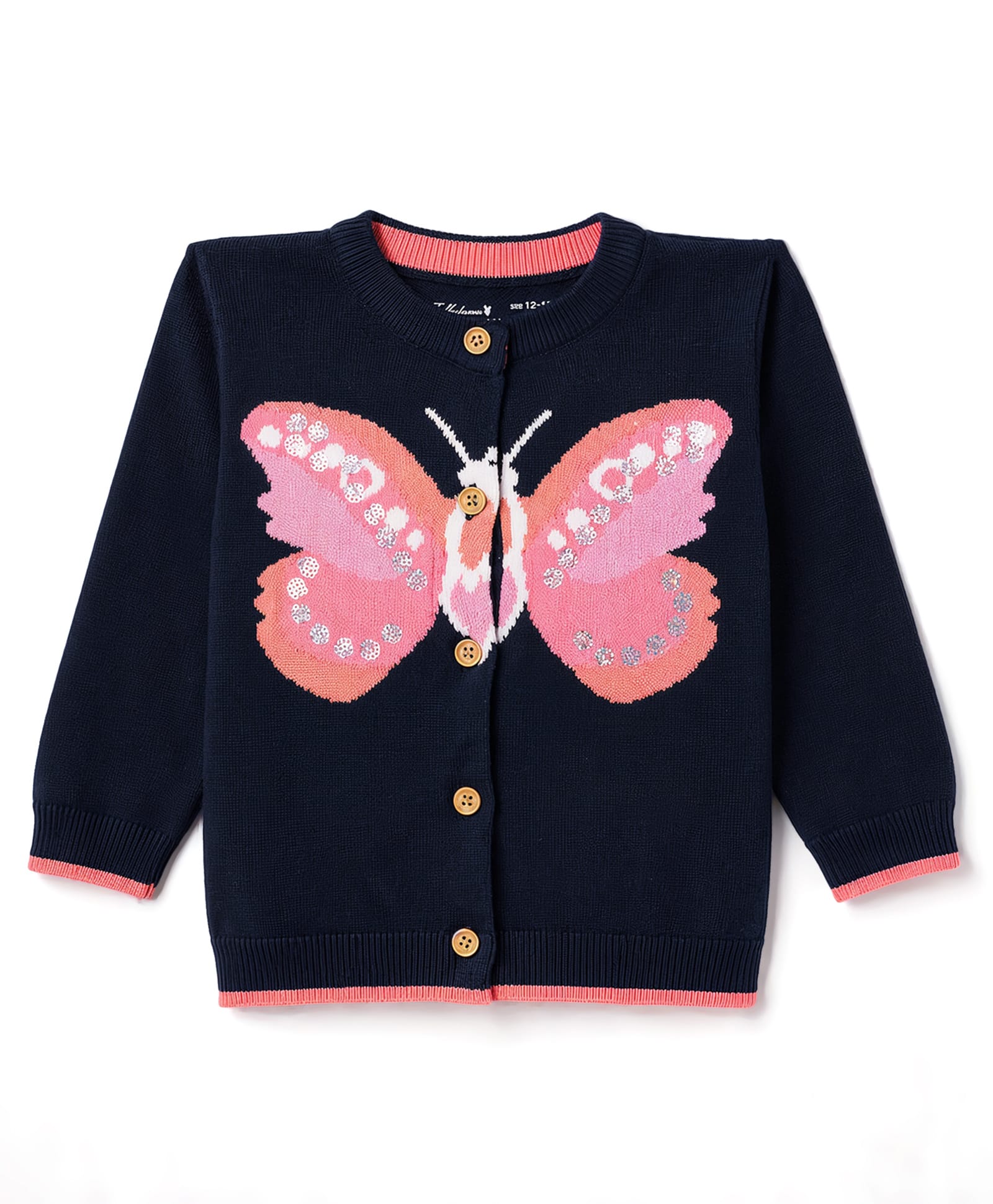 ToffyHouse Knitted Full Sleeves Cardigan With Butterfly Design & Sequin - Navy Blue-image-4
