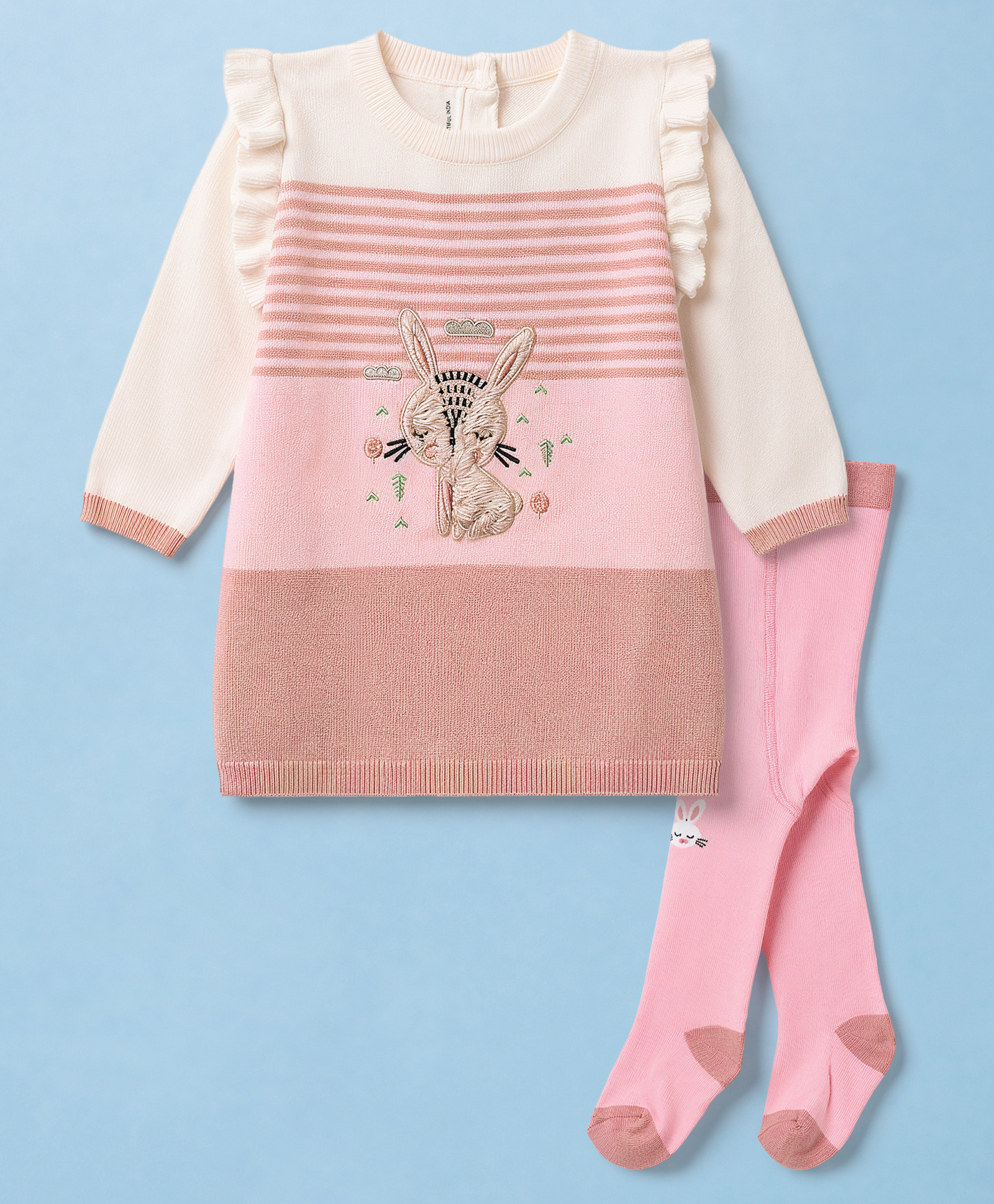 ToffyHouse Knitted Full Sleeves Woolen Dress With Cat Embroidery & Stockings - Multicolor-image-5