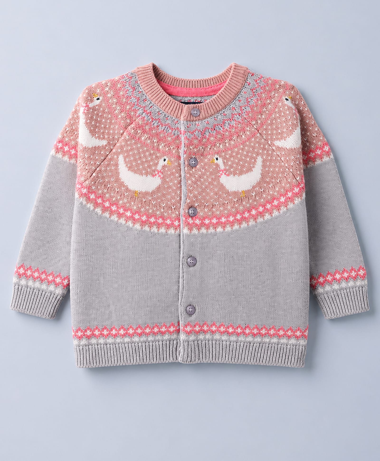 ToffyHouse Knitted Full Sleeves Cardigan With Birds Design - Light Grey-picture-11