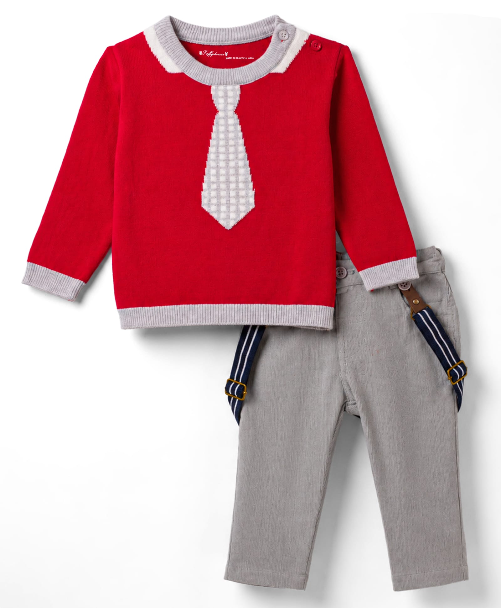 ToffyHouse Cotton Woven Full Sleeves Winter Wear Set With Suspender & Tie Design - Red-image-3