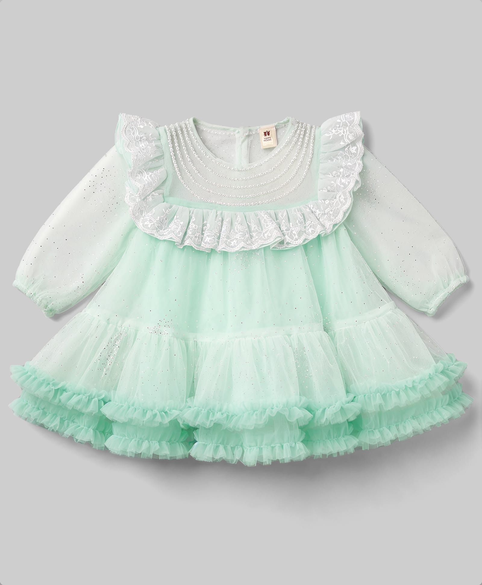 ToffyHouse Knit Full Sleeves Party Dress With Sequin Embellishment & Lace Detailing - Green-image-32