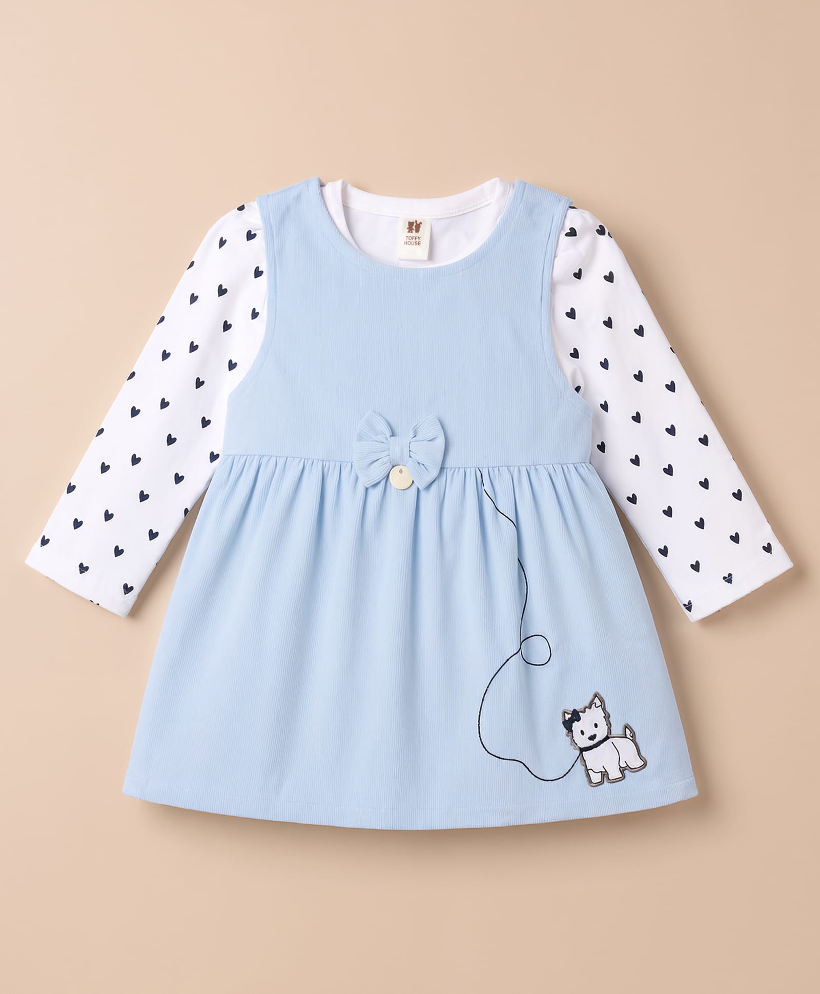 ToffyHouse Knitted Full Sleeves Hearts Printed & Animal Embroidered Frock With Inner Tee With Bow Applique - Light Blue-picture-0