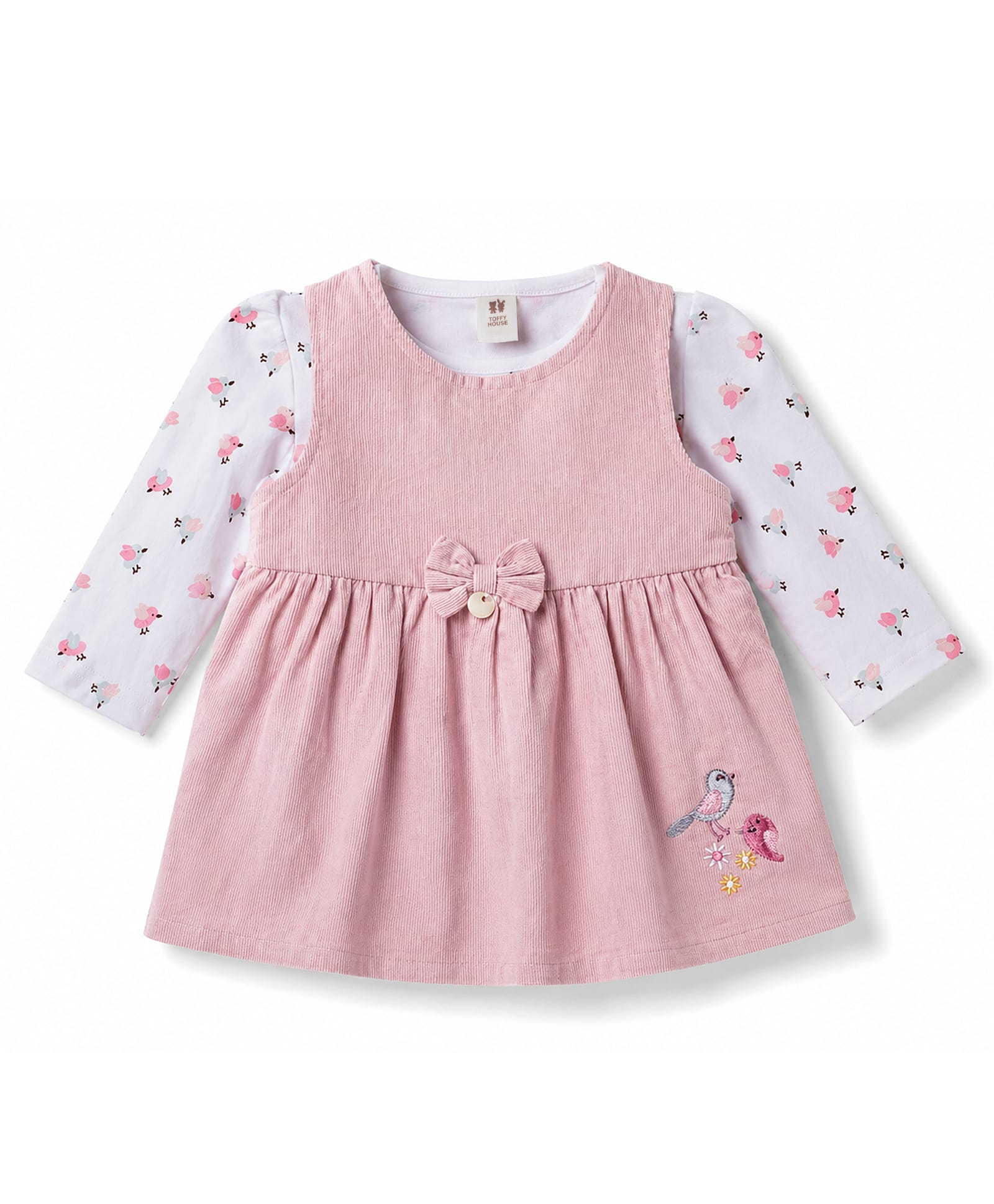 ToffyHouse Knitted Full Sleeves Birds Printed & Embroidered Frock With Inner Tee & Bow Applique - Pink-image-24