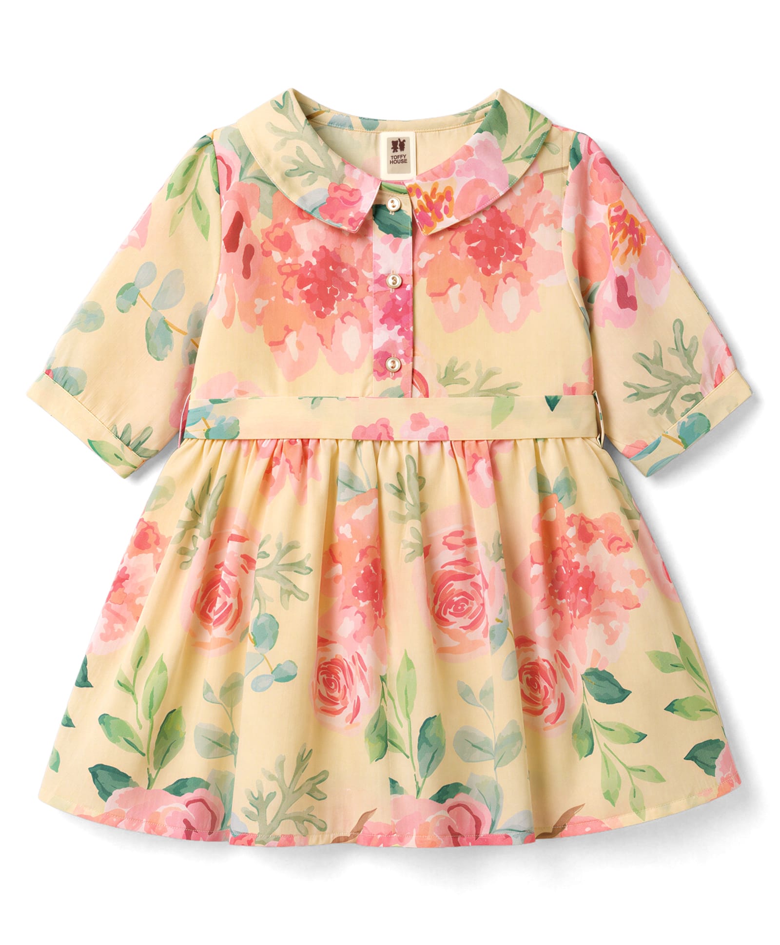 ToffyHouse Cotton Woven Full Sleeves Floral Printed Frock With Belt - Multicolor-picture-13
