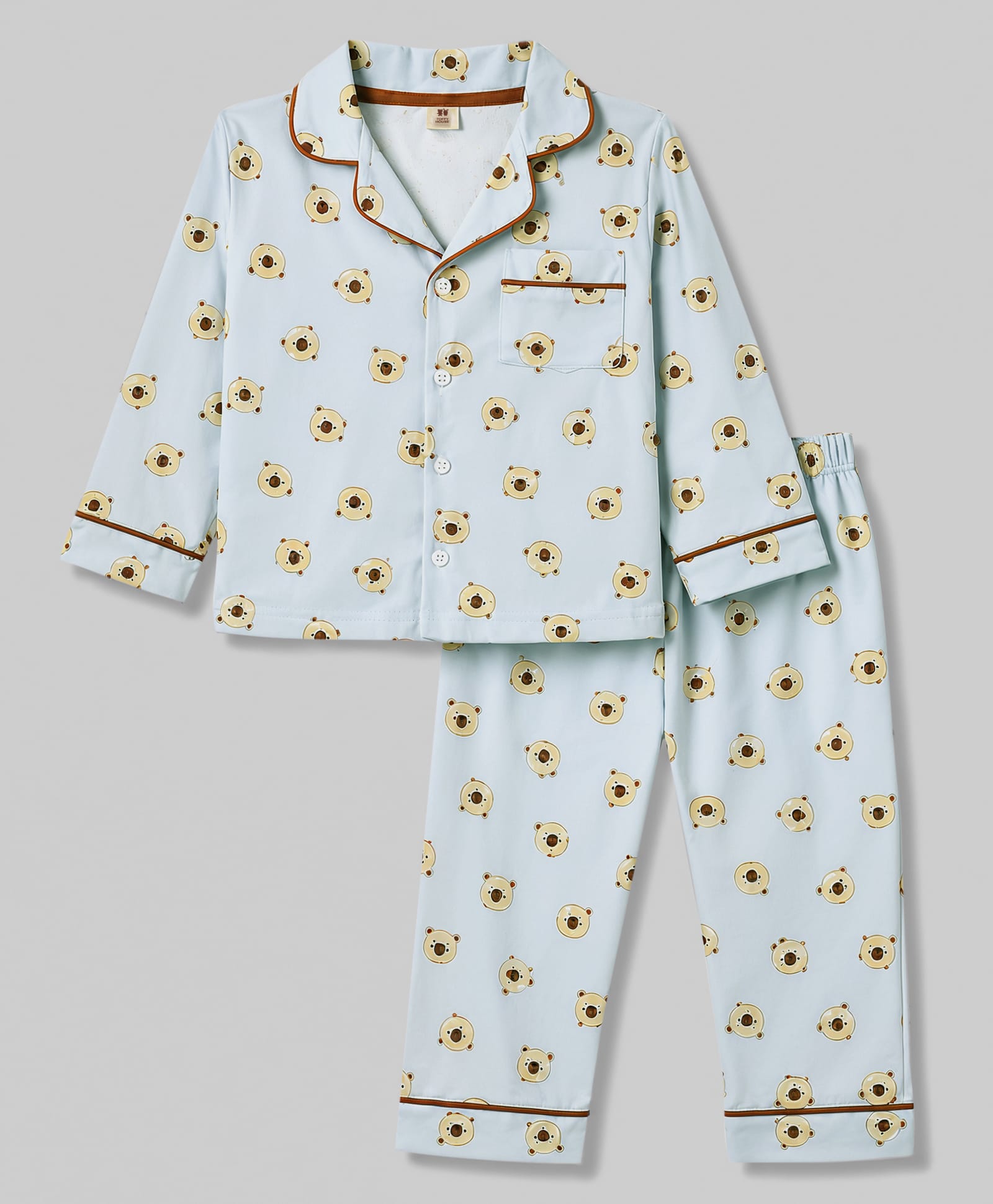 ToffyHouse Knitted Full Sleeves Shirt & Pyjama Co-Ord Night Suit With Bear Print - Blue-picture-46