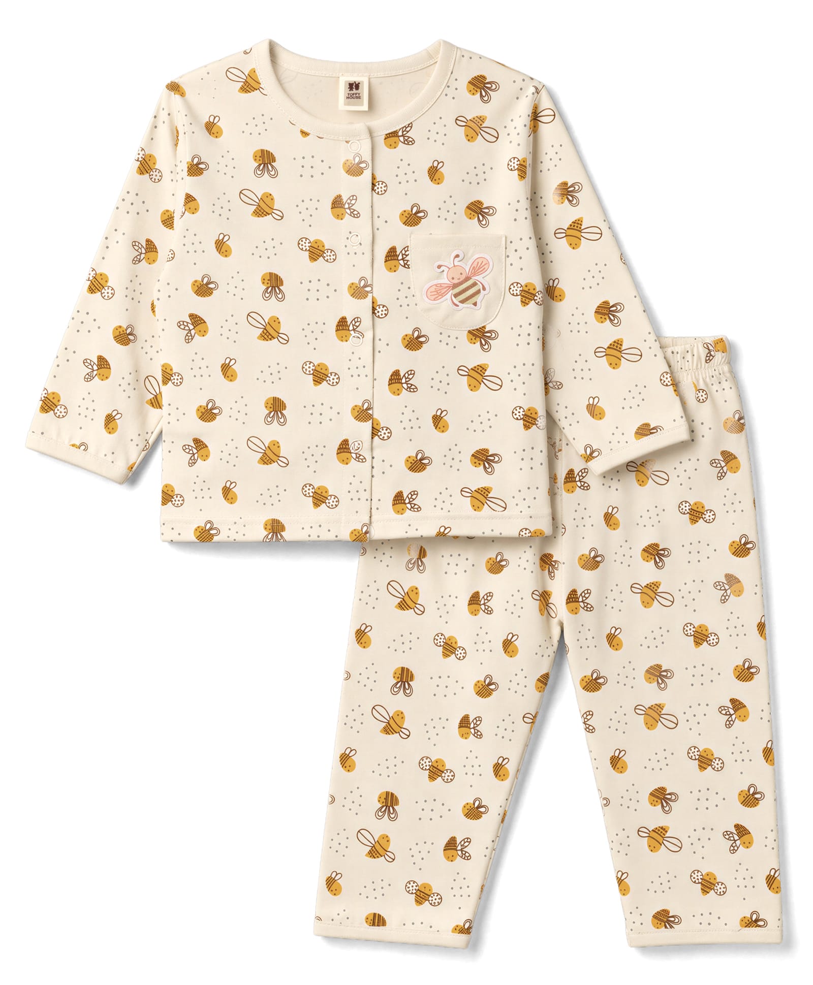 ToffyHouse Knitted Full Sleeves Bees Printed Co-Ords T-Shirt & Pyjama Night Suit - Cream-picture-9