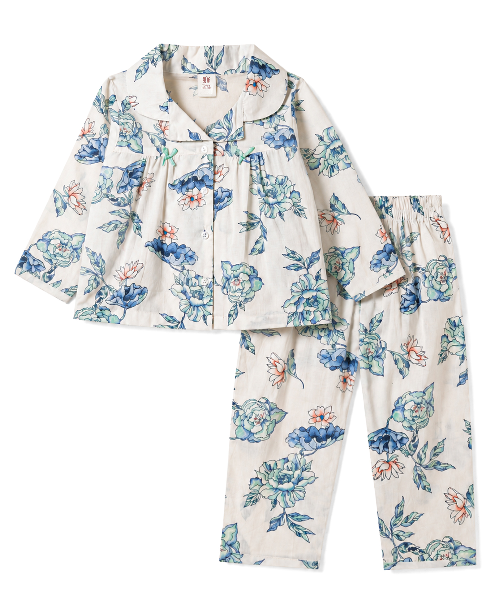ToffyHouse Knitted Full Sleeves Floral Printed Co-Ords Top & Pyjama Night Suit - Beige-image-15