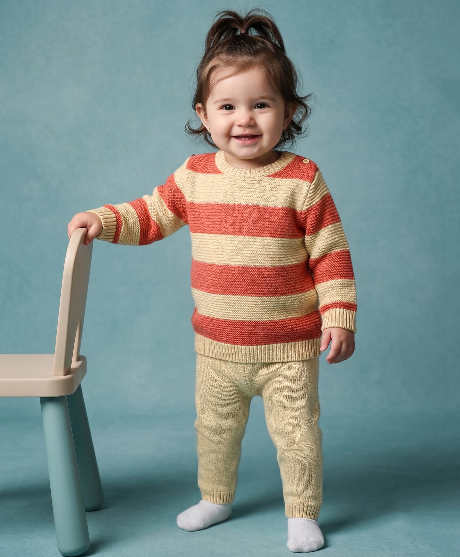 Babyhug Knit Full Sleeves Striped Sweater Set - Rust Orange-image-15
