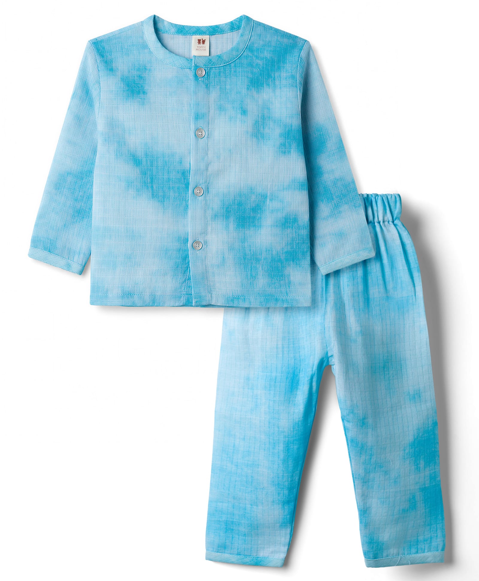 ToffyHouse Knitted Full Sleeves T-Shirt & Pyjama Tie & Dye Effect Co-Ord Night Suit - Blue-picture-0