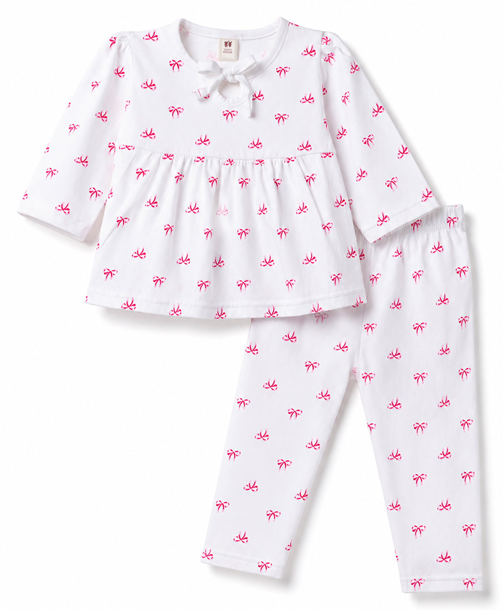 ToffyHouse Knitted Full Sleeves Bow Printed Co-Ords Top & Pyjama Night Suit - White-picture-9