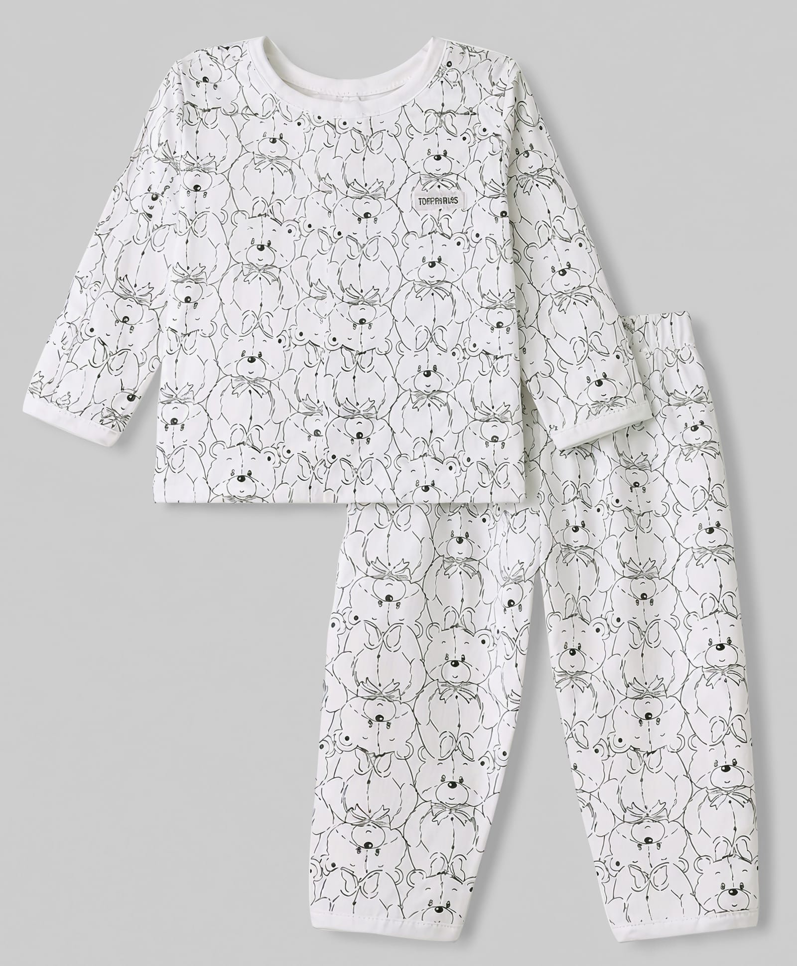 ToffyHouse Knitted Full Sleeves T-Shirt & Pyjama Bear Printed Co-Ord Night Suit - White-image-38