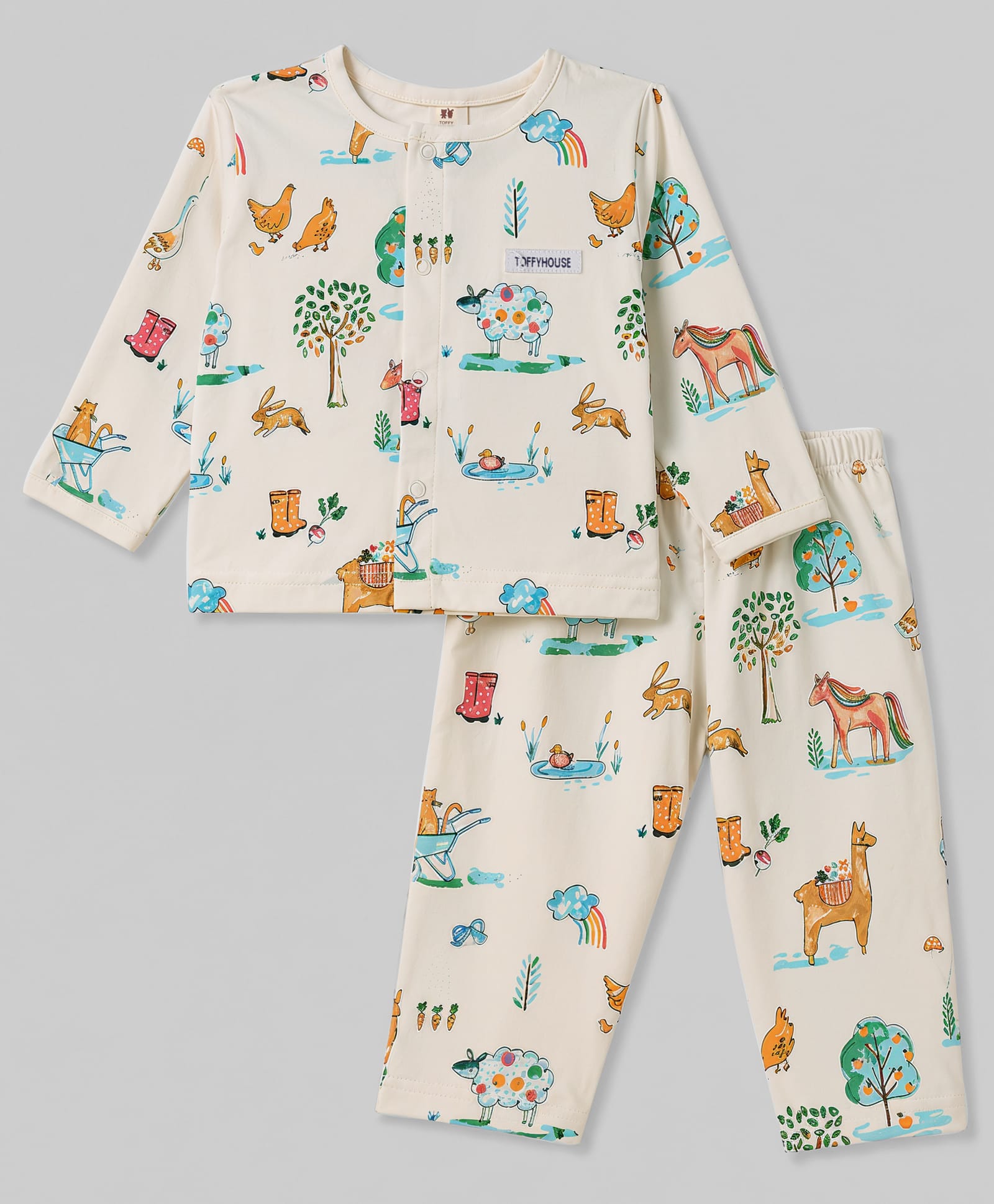 ToffyHouse Knitted Full Sleeves T-Shirt & Pyjama Co-Ord Night Suit With Jungle Safari Print - White-picture-11