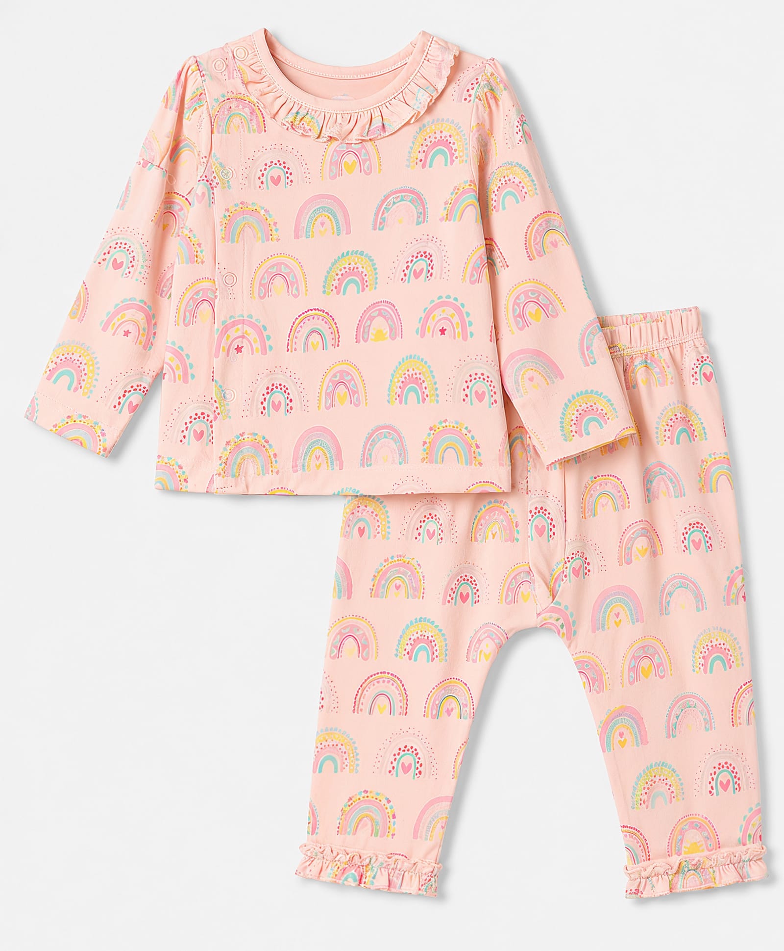 ToffyHouse Knitted Woven Full Sleeves Top & Pyjama Co-Ord Night Suit With Rainbow Print - Pink-picture-12