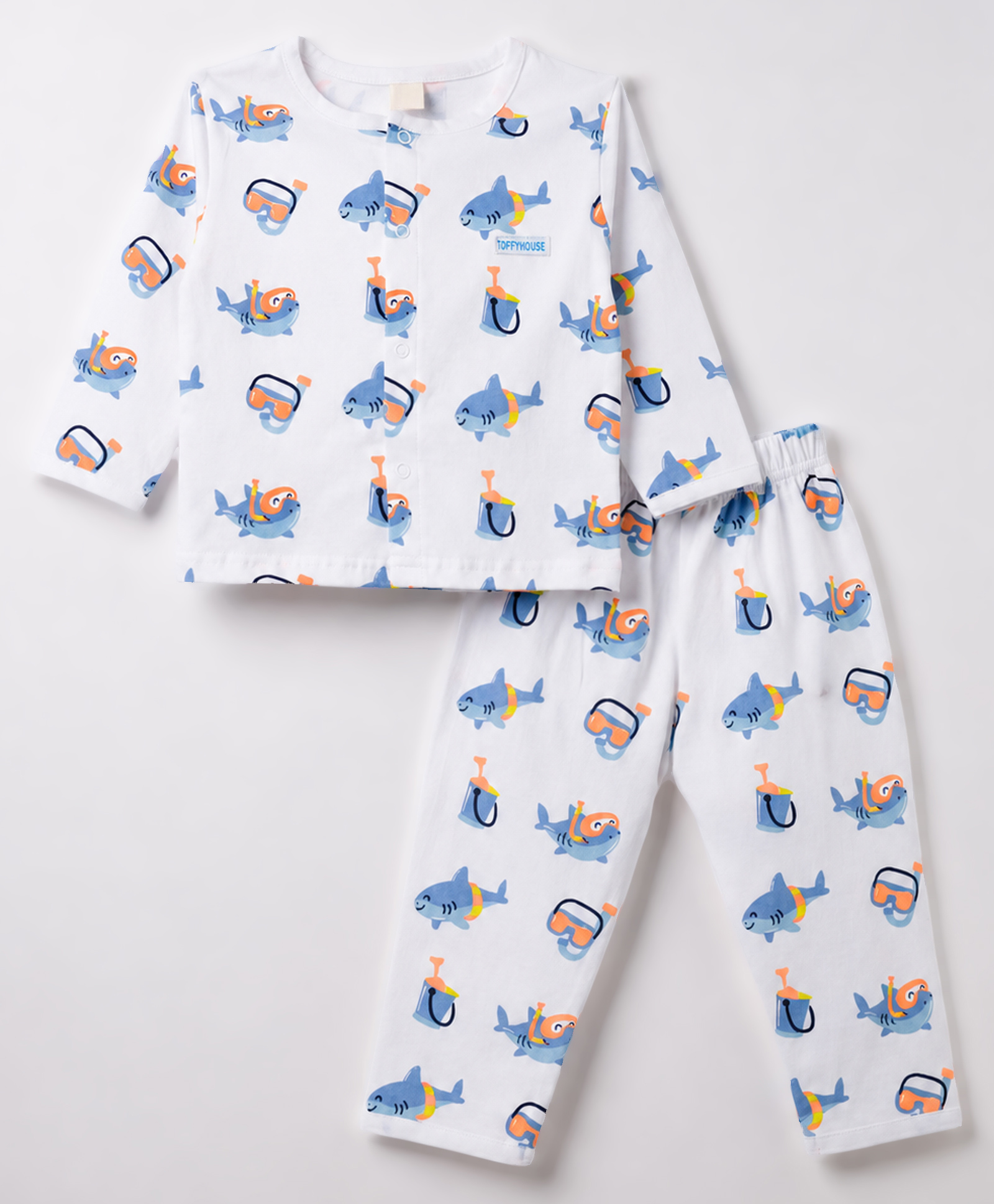 ToffyHouse Knitted Full Sleeves Sea Life Printed Co-Ords T-Shirt & Pyjama Night Suit - White-picture-14