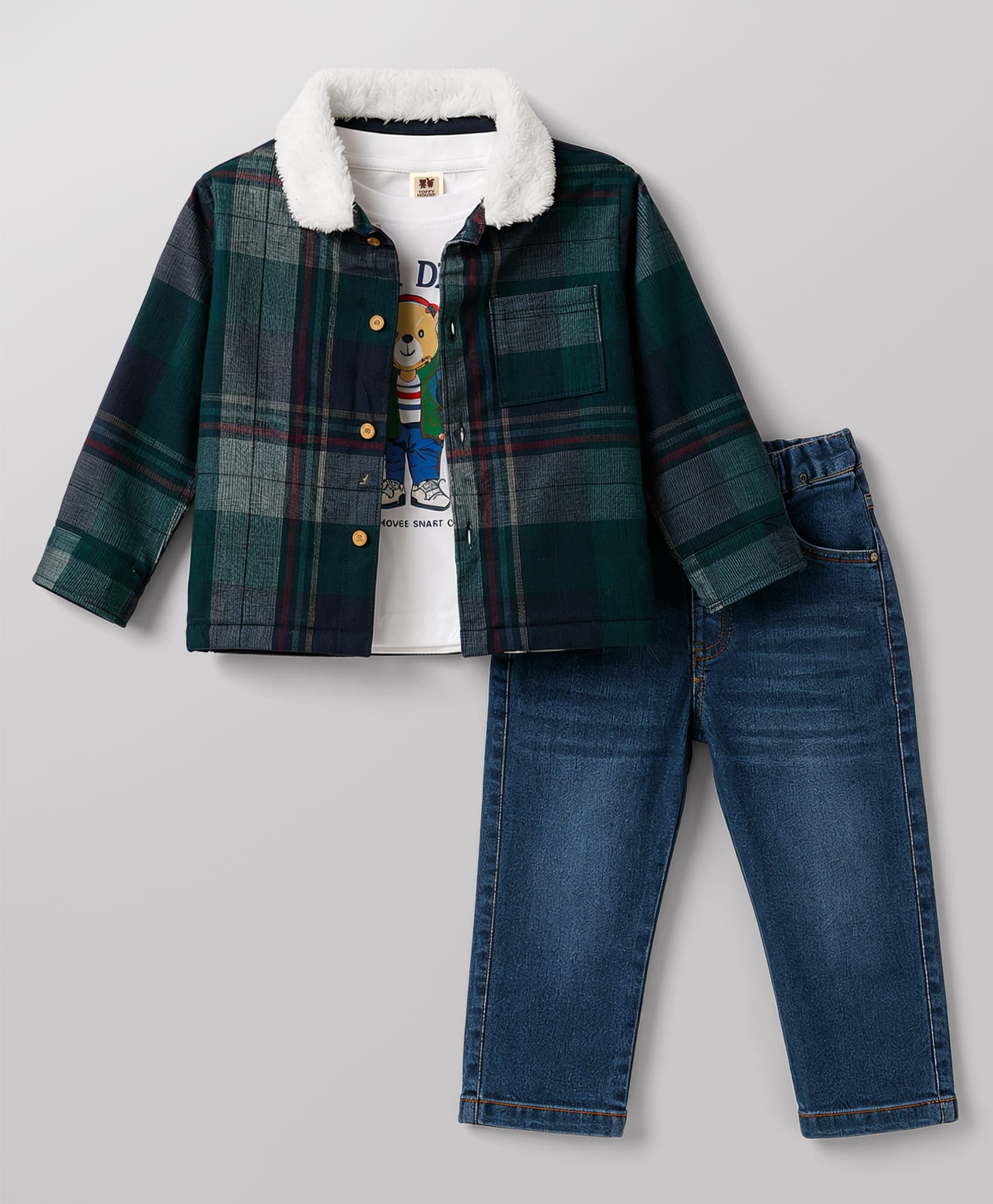 ToffyHouse Fleece Woven Full Sleeves Checked Bear Printed Winter Wear Set - Navy Blue-image-6