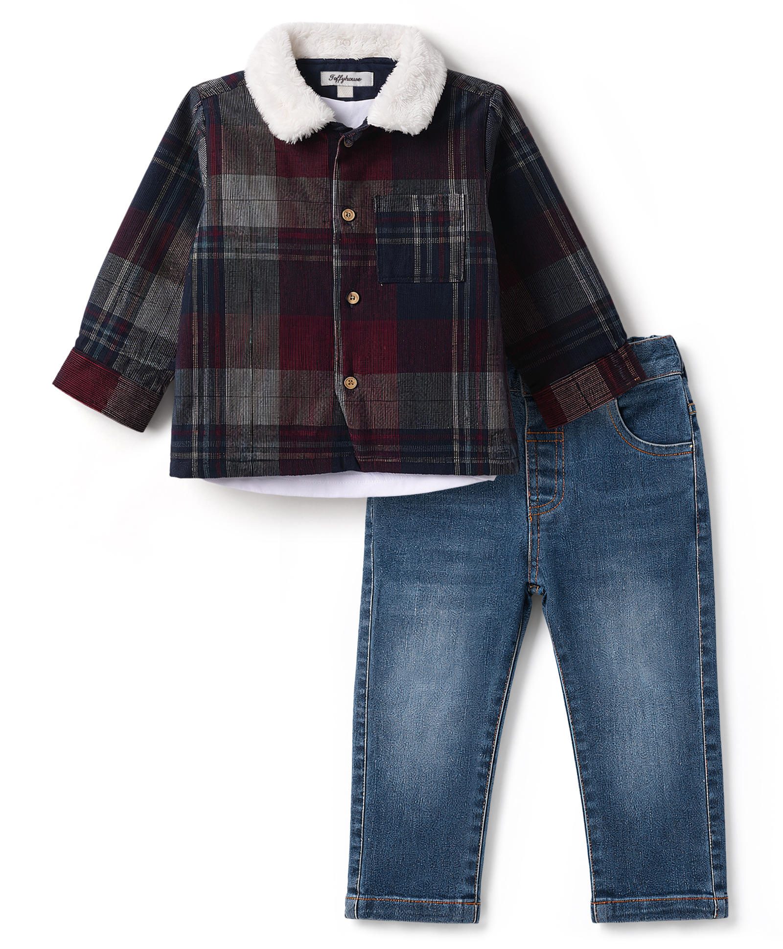 ToffyHouse Fleece Woven Full Sleeves Peter Pan Collared Checks Sweatshirt With Denim Jeans Winter Wear Suit - Multicolor-image-6