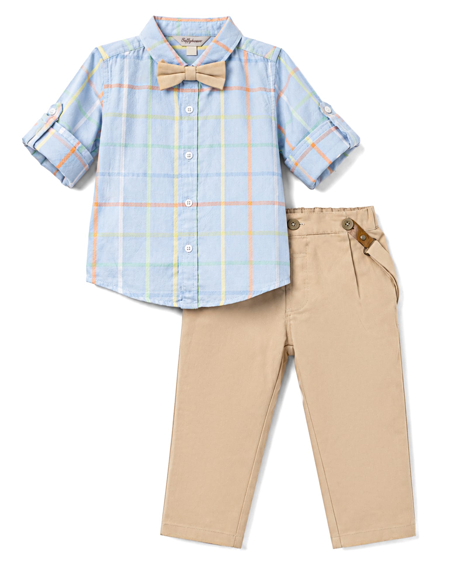 ToffyHouse Cotton Woven Full Sleeves Checked Shirt & Pant Set With Suspender & Bow - Tan & Light Blue-image-34