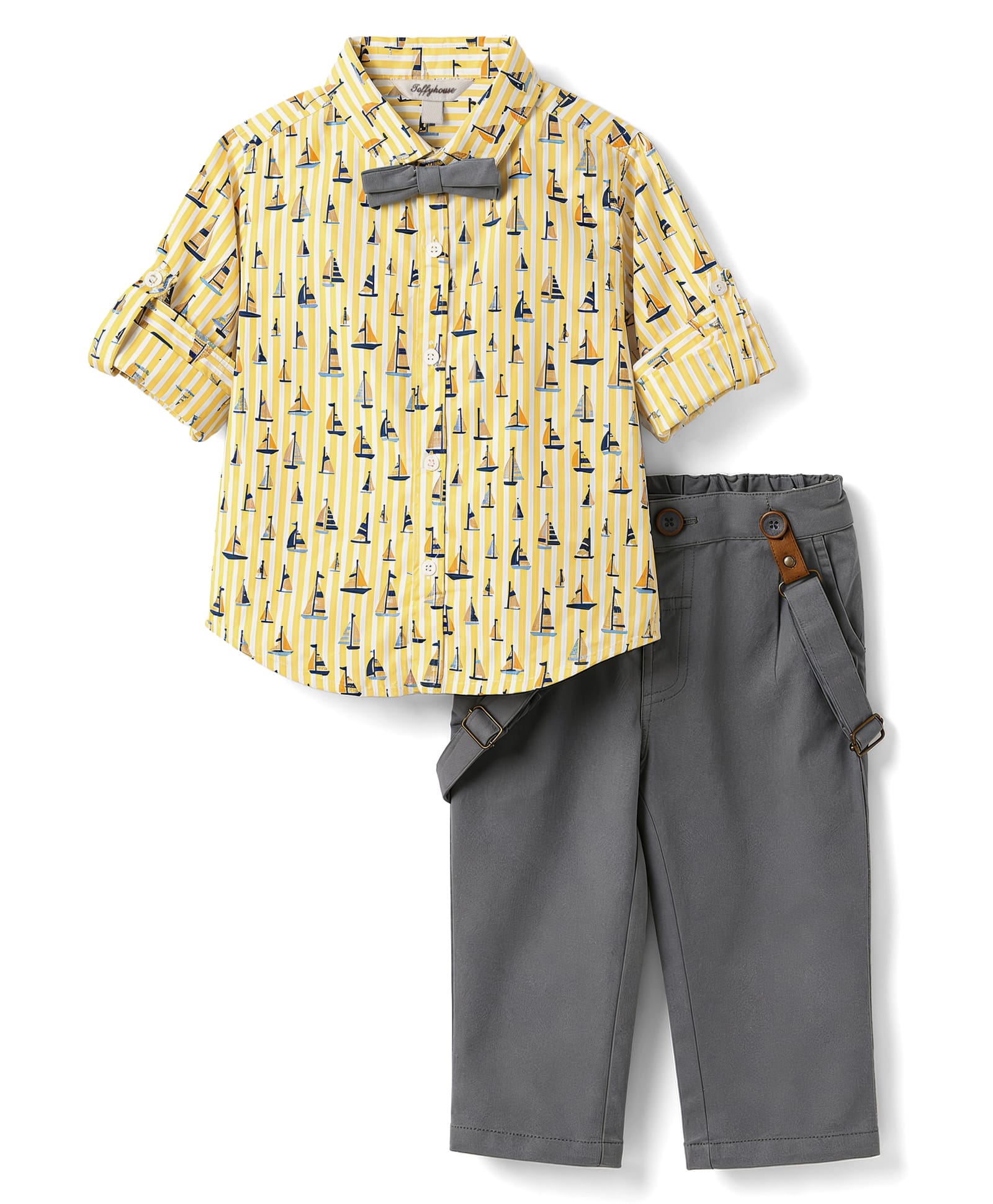 ToffyHouse Cotton Woven Full Sleeves Nautical Theme Printed Shirt & Pant Set With Suspender & Bow - Yellow & Blue-image-35