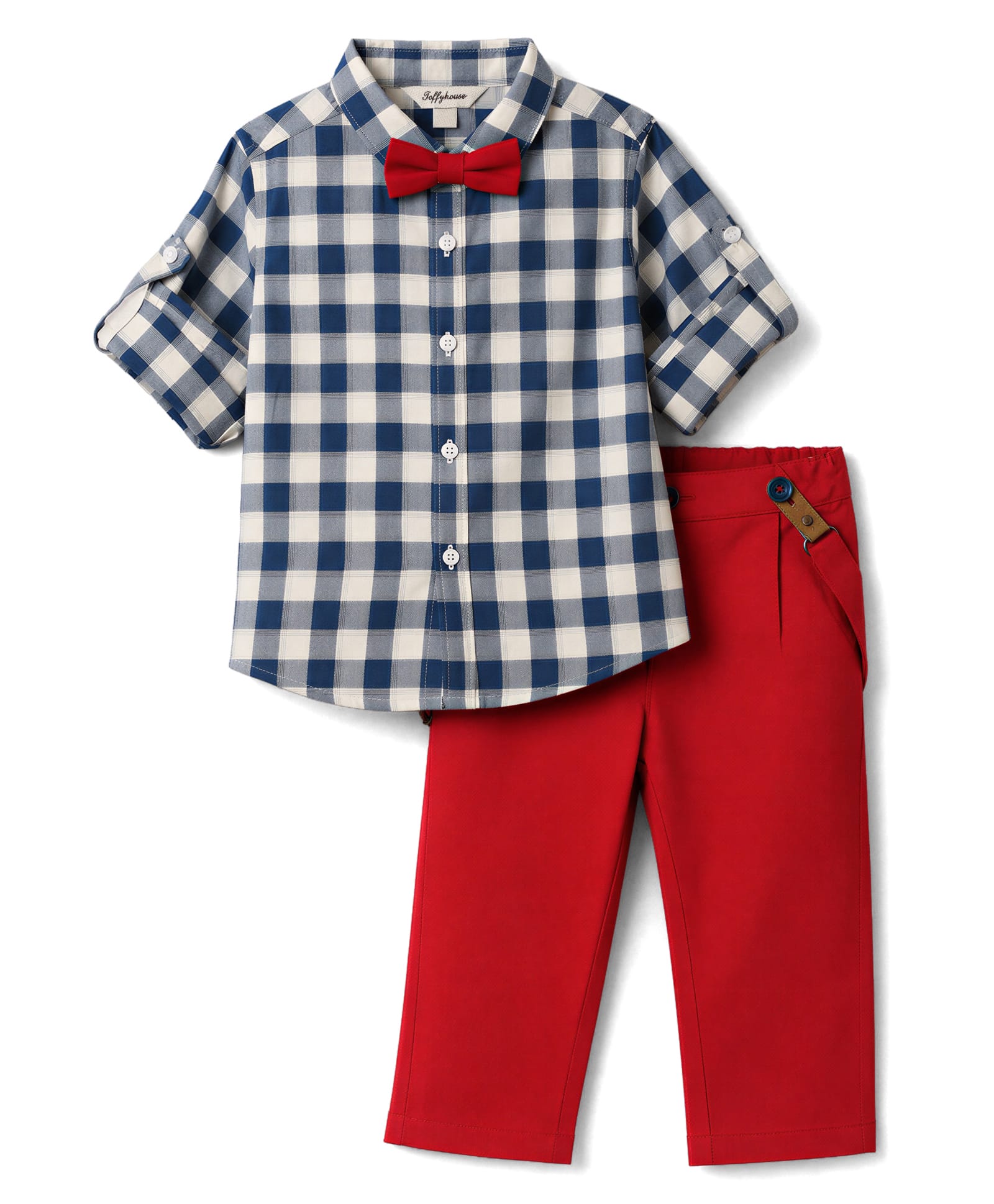 ToffyHouse Cotton Knit Full Sleeves Checked Shirt & Pant With Bow & Suspender - Red-image-37