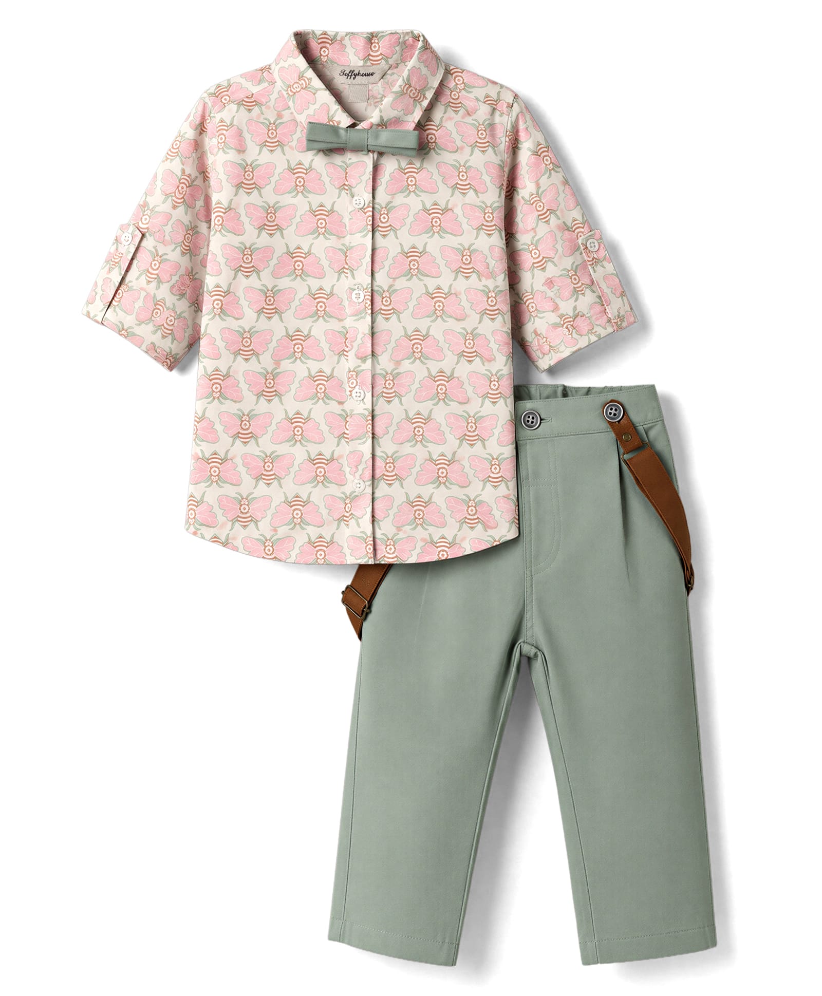 ToffyHouse Cotton Knit Full Sleeves Butterfly Printed Shirt & Pant Set With Suspender & Bow - Teal Blue-image-12