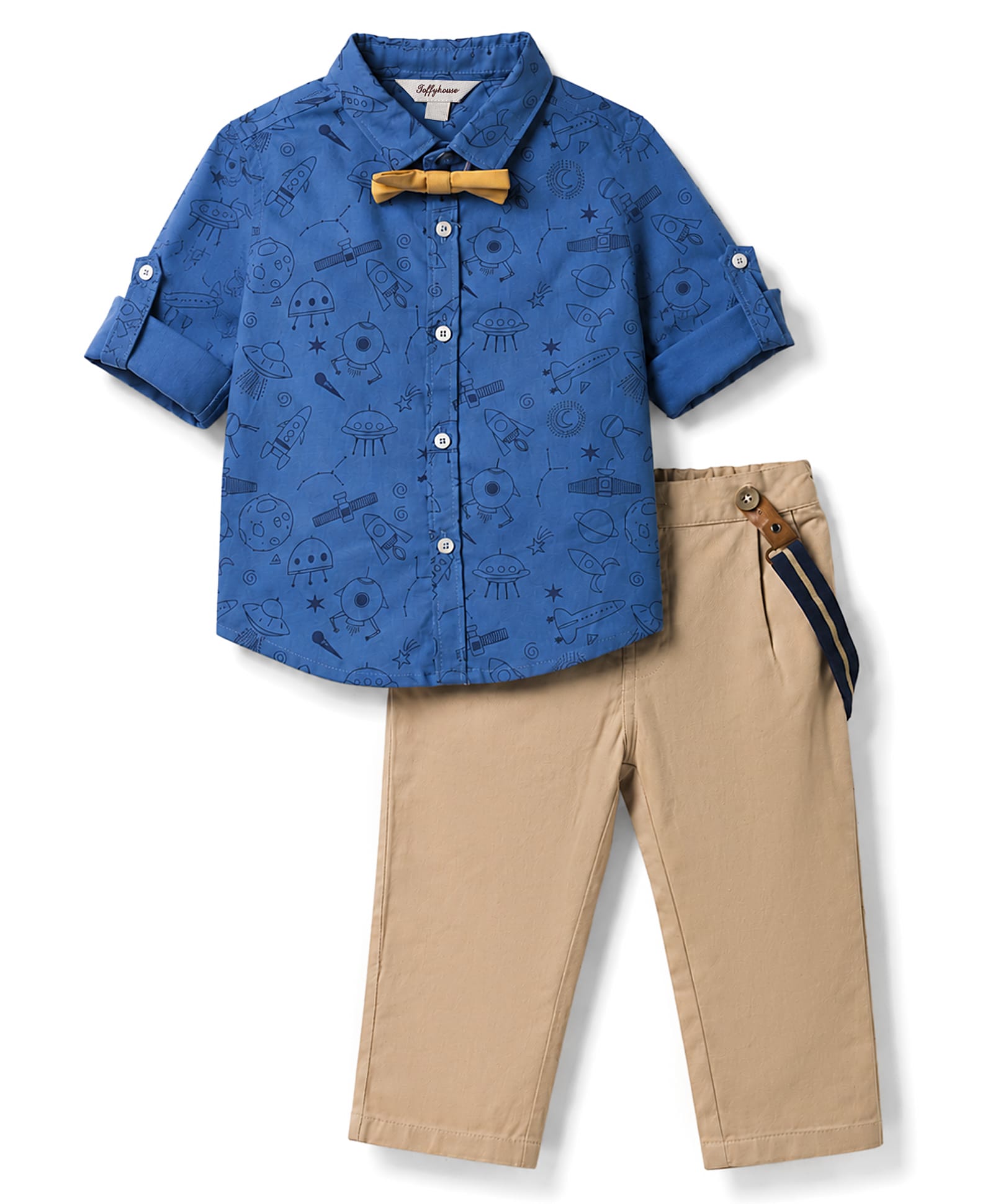 ToffyHouse Cotton Woven Full Sleeves Space Theme Printed Shirt & Pant Set With Suspender & Bow - Tan-picture-27