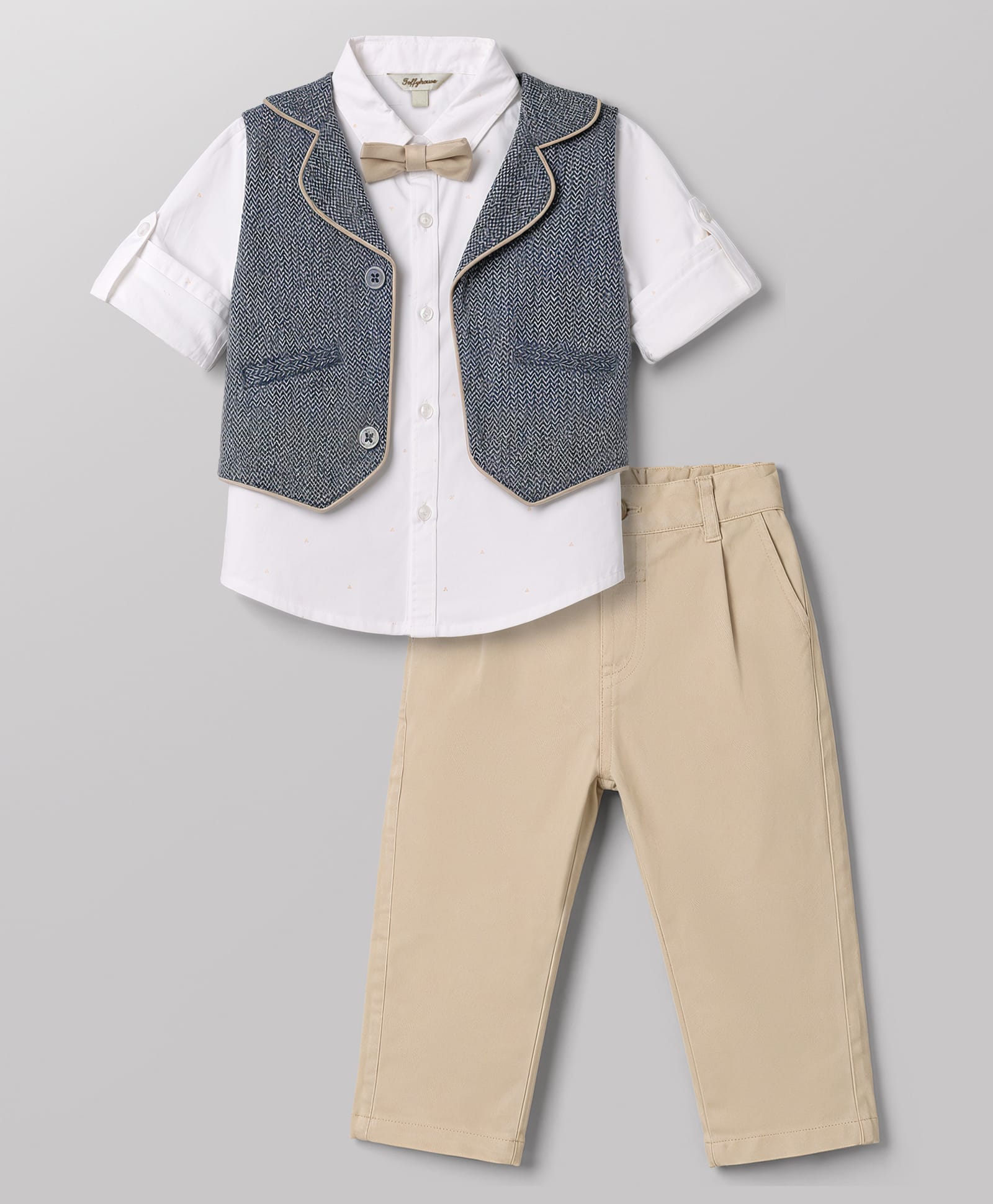 ToffyHouse Cotton Knit Half Sleeves Printed 3 Piece Party Suit With Bow - Khaki-picture-26