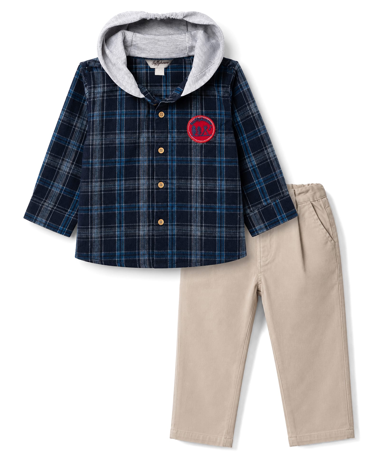 ToffyHouse Fleece Woven Full Sleeves Checked Hooded Winter Wear Set With Patch - Light Grey-image-37