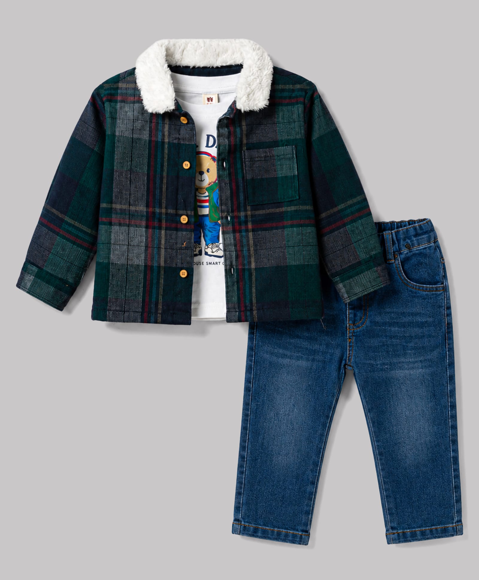 ToffyHouse Fleece Woven Full Sleeves Checked & Bear Printed Winter Wear Set - Navy Blue-picture-14