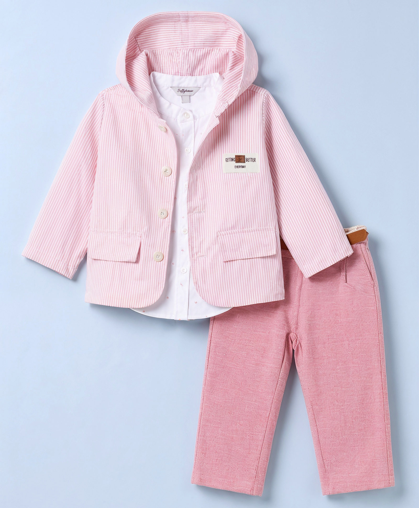 ToffyHouse Fleece Woven Full Sleeves Winter Wear Shirt & Trouser Set with Striped Hooded Jacket & Belt - Pink-image-4