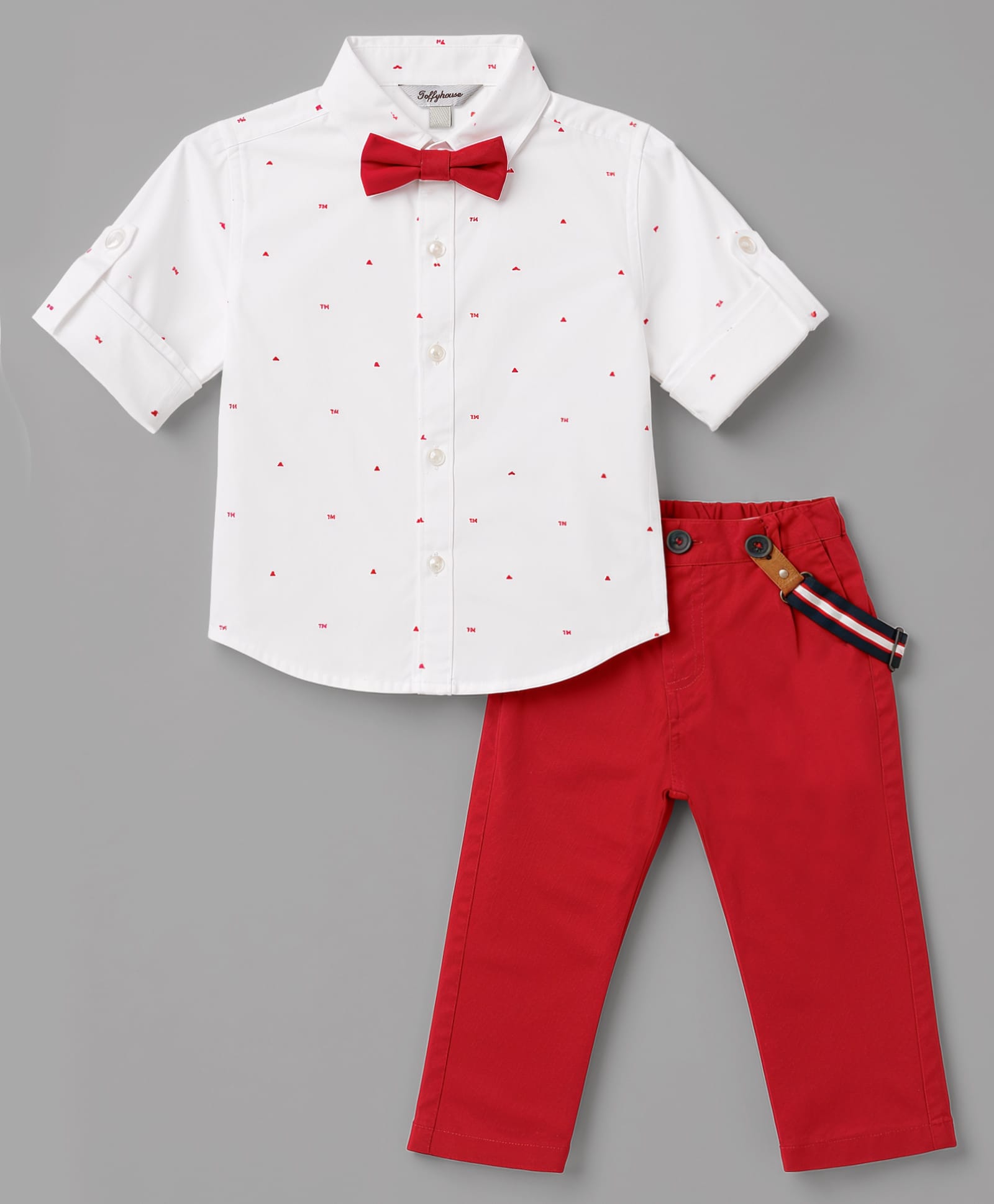 ToffyHouse Cotton Woven Full Sleeves Printed Shirt & Pant Set With Suspender & Bow - Red-image-24