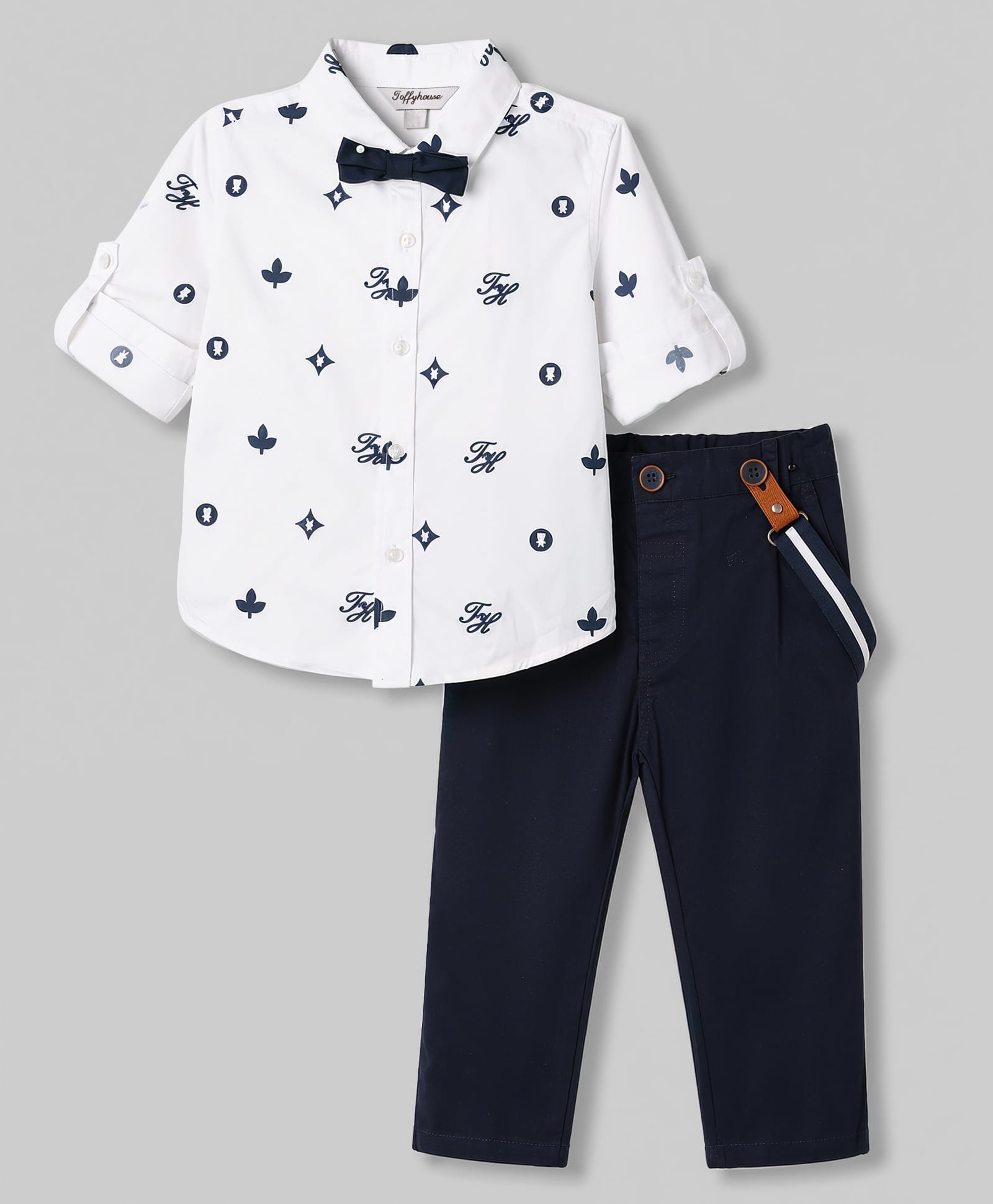 ToffyHouse Cotton Woven Full Sleeves Printed Shirt & Pant Set With Suspender & Bow - Navy Blue-picture-12
