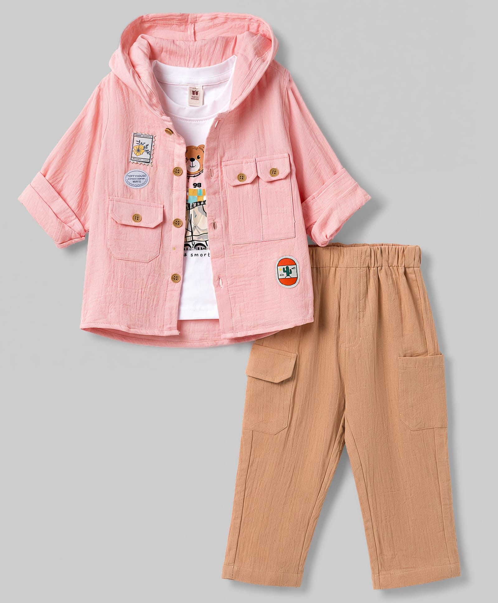 ToffyHouse Fleece Woven Full Sleeves Bear Printed T-Shirt & Pant With Hooded Sweatshirt - Pink-picture-43