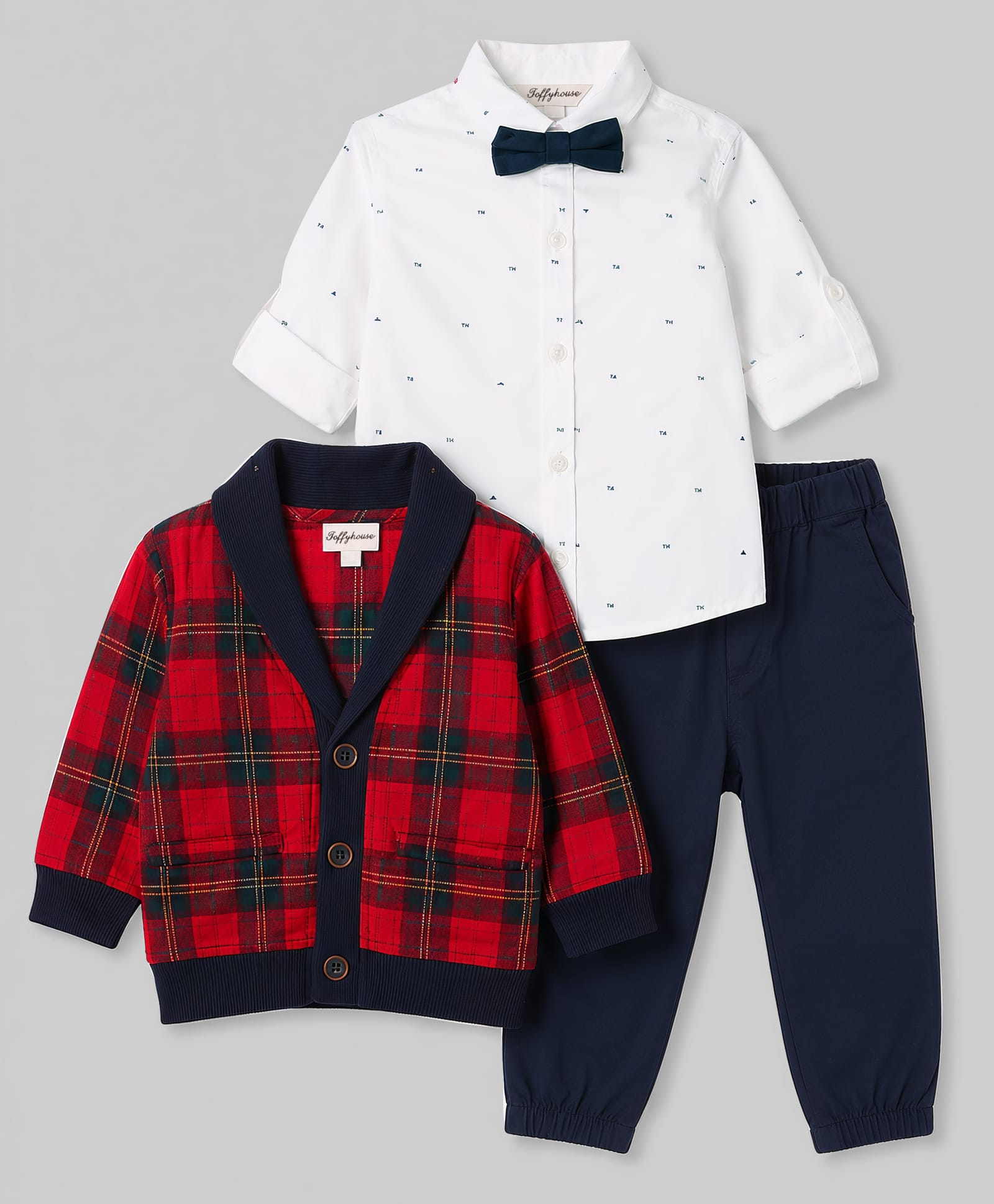 ToffyHouse Cotton Knit Full Sleeves Printed Party Shirt & Pant Set With Checks Jacket & Bow - Navy Blue-picture-36