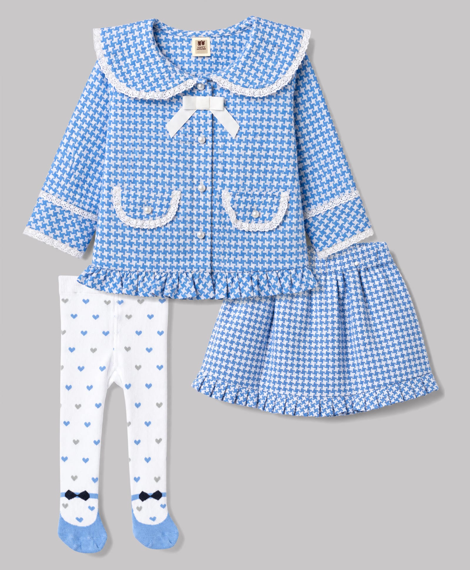 ToffyHouse Cotton Knit Full Sleeves Checked Top & Skirt Set With Footed Leggings With Lace Detailing - Blue-image-46