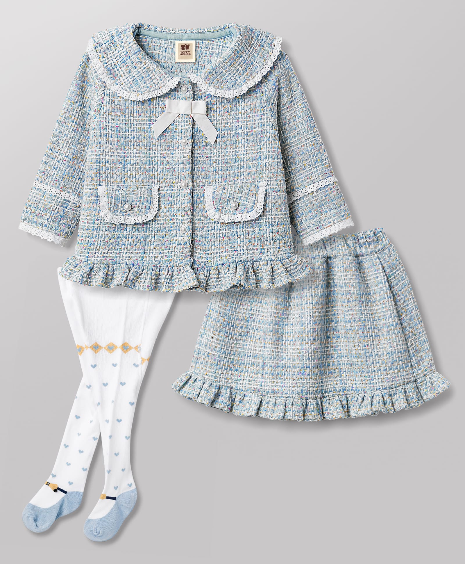 ToffyHouse Cotton Knit Full Sleeves Checked Top & Skirt Set With Footed Leggings With Lace Detailing - Multicolor-image-27