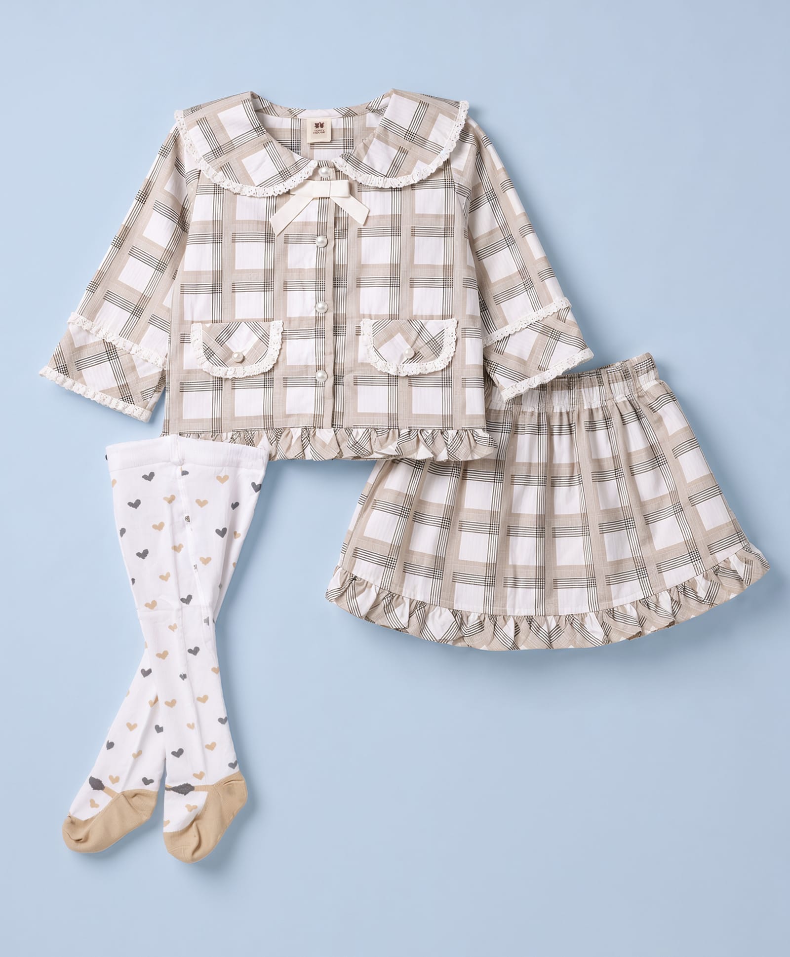 ToffyHouse Cotton Woven Knit Full Sleeves Peter Pan Collared Checks Party Top & Skirt With Stockings - Multicolor-image-25